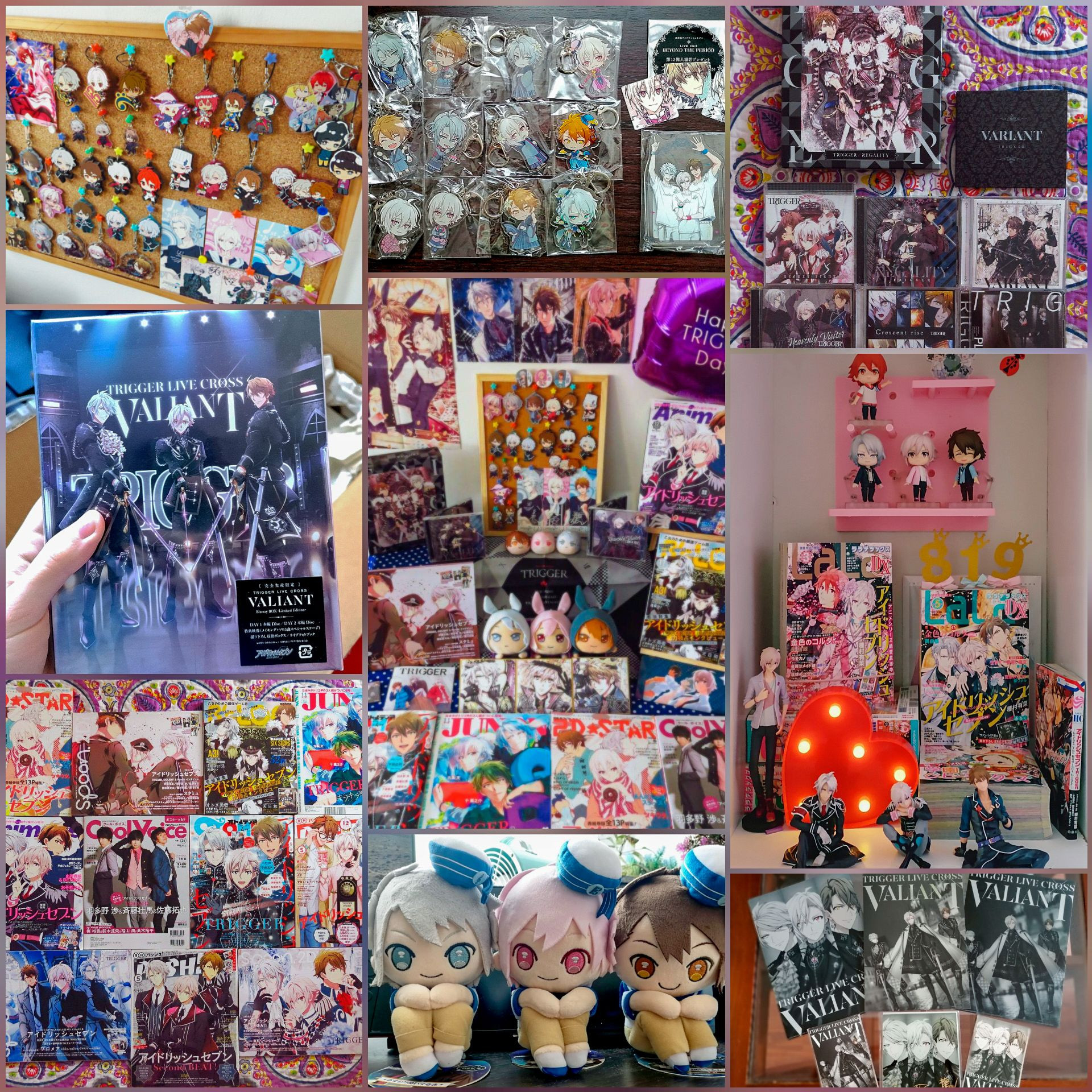 image shows a collage of merchandising own by the user. It goes from keychains, standees, CDs, magazines, books, plushies, figures, etc. It's a very dear collection for the user.