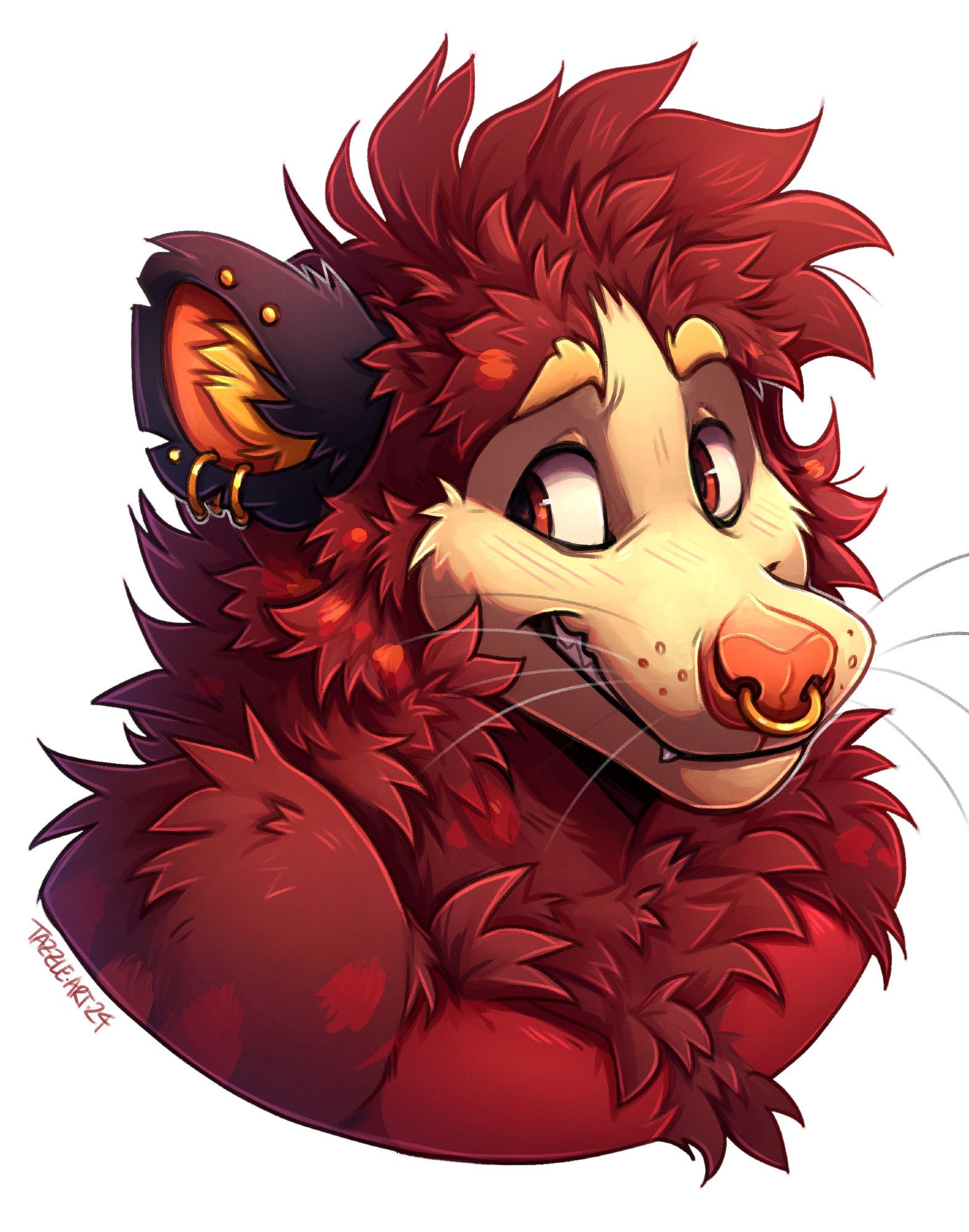 A bashful anthro opossum, with a red autumn leaf themed colour palette. He has several gold ring piercings and notches in his ear.