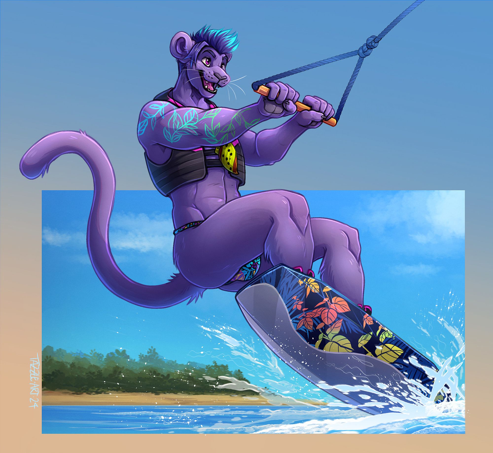 an anthro purple panther having a great time wakeboarding, wearing a lifevest and patterned swimwear. In the background is the impression of shoreline, and water splashing in the foreground.