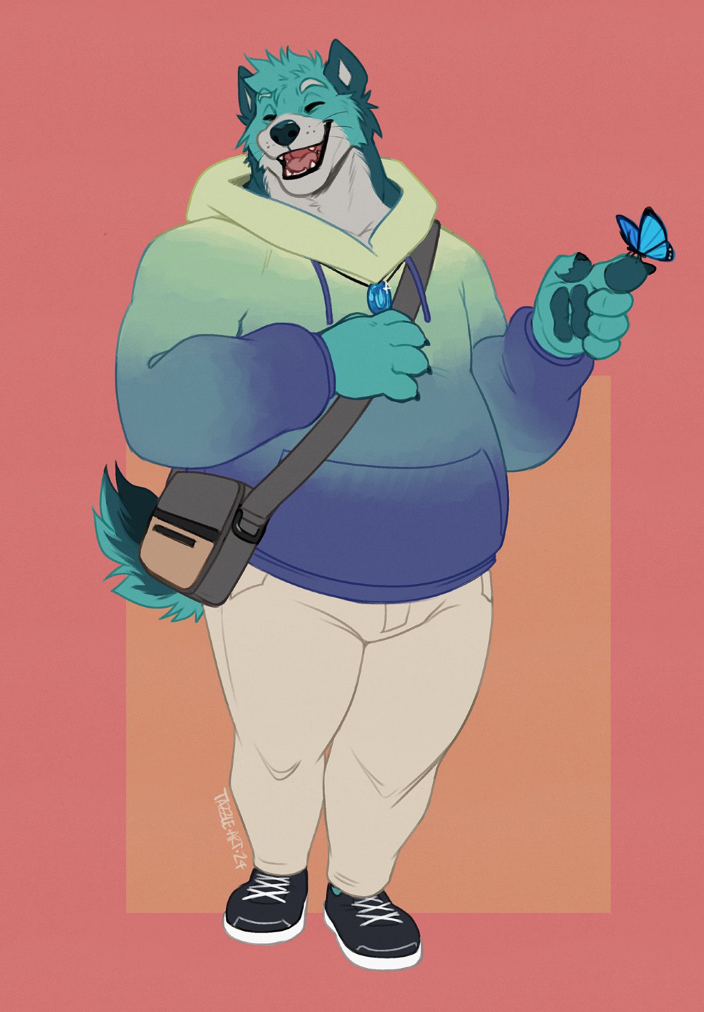 a big, friendly, laughing wolfbear wearing a blue and green gradient hoodie and a satchel, a blue butterfly has landed on his paw