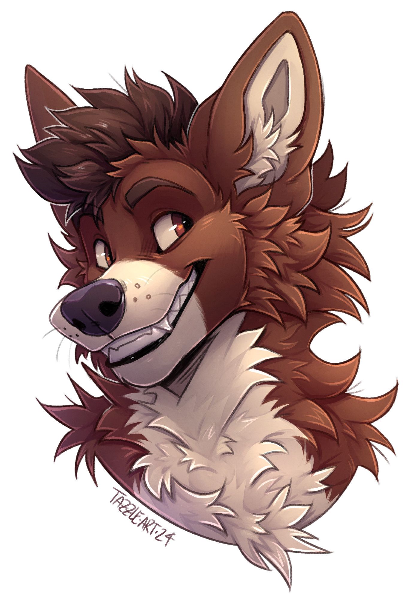 a brown and cream wolf with brown eyes, looking off to one side showing a cheeky grin.