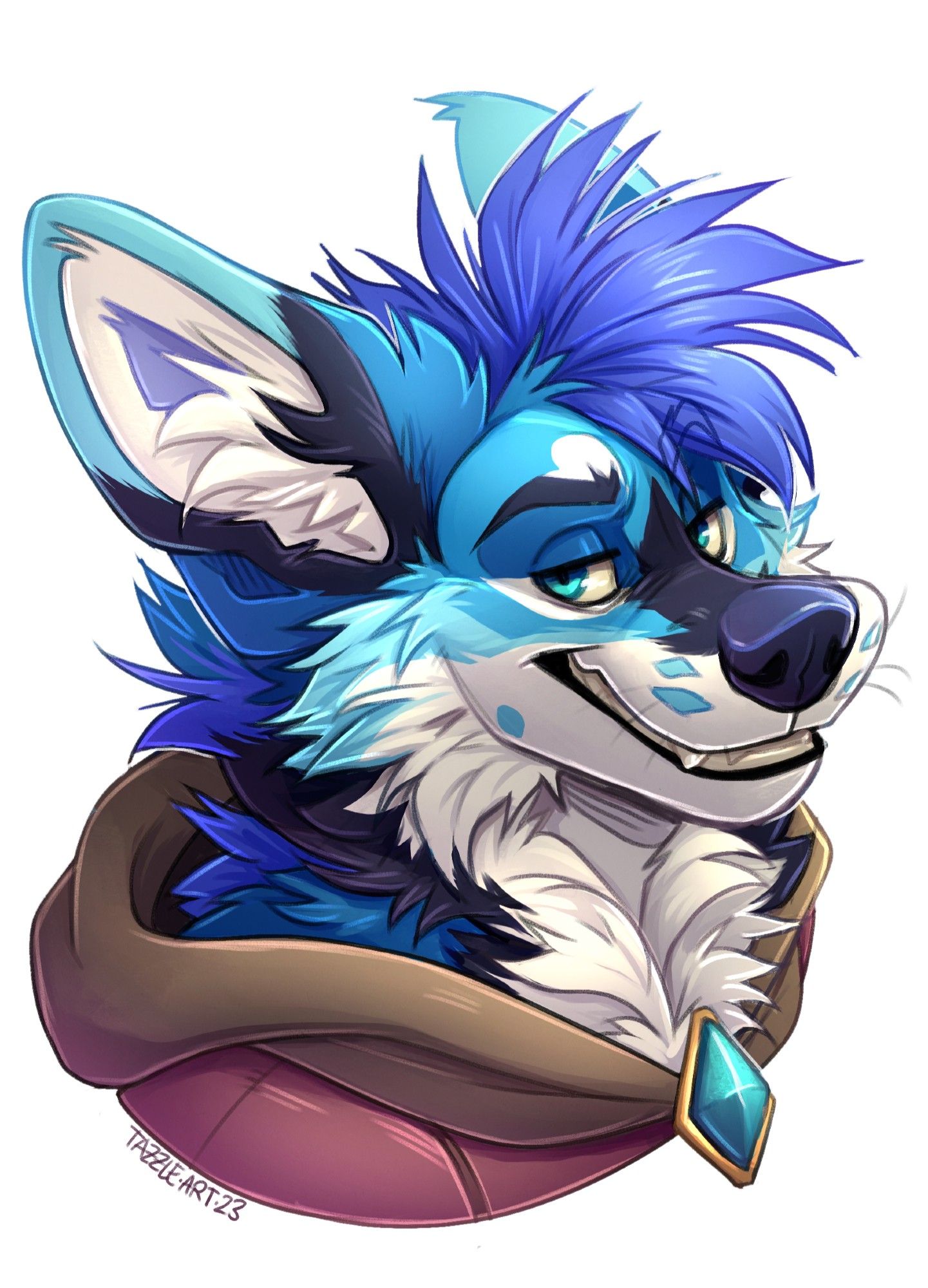 a blue, white and black anthro jackal smiles smugly at the viewer, he is wearing a leather vest with a hood, decorated with a green gem