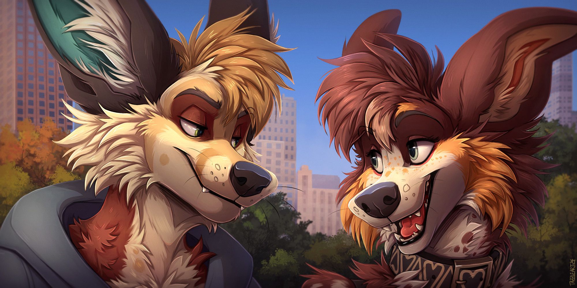 A double portrait icon featuring an anthro couple- a male fennec/red fox hybrid on the left and a female aussie shepherd on the right. In the background is a city with tall buildings in the far distance, and some park woodland with autumnal leaves in the foreground.