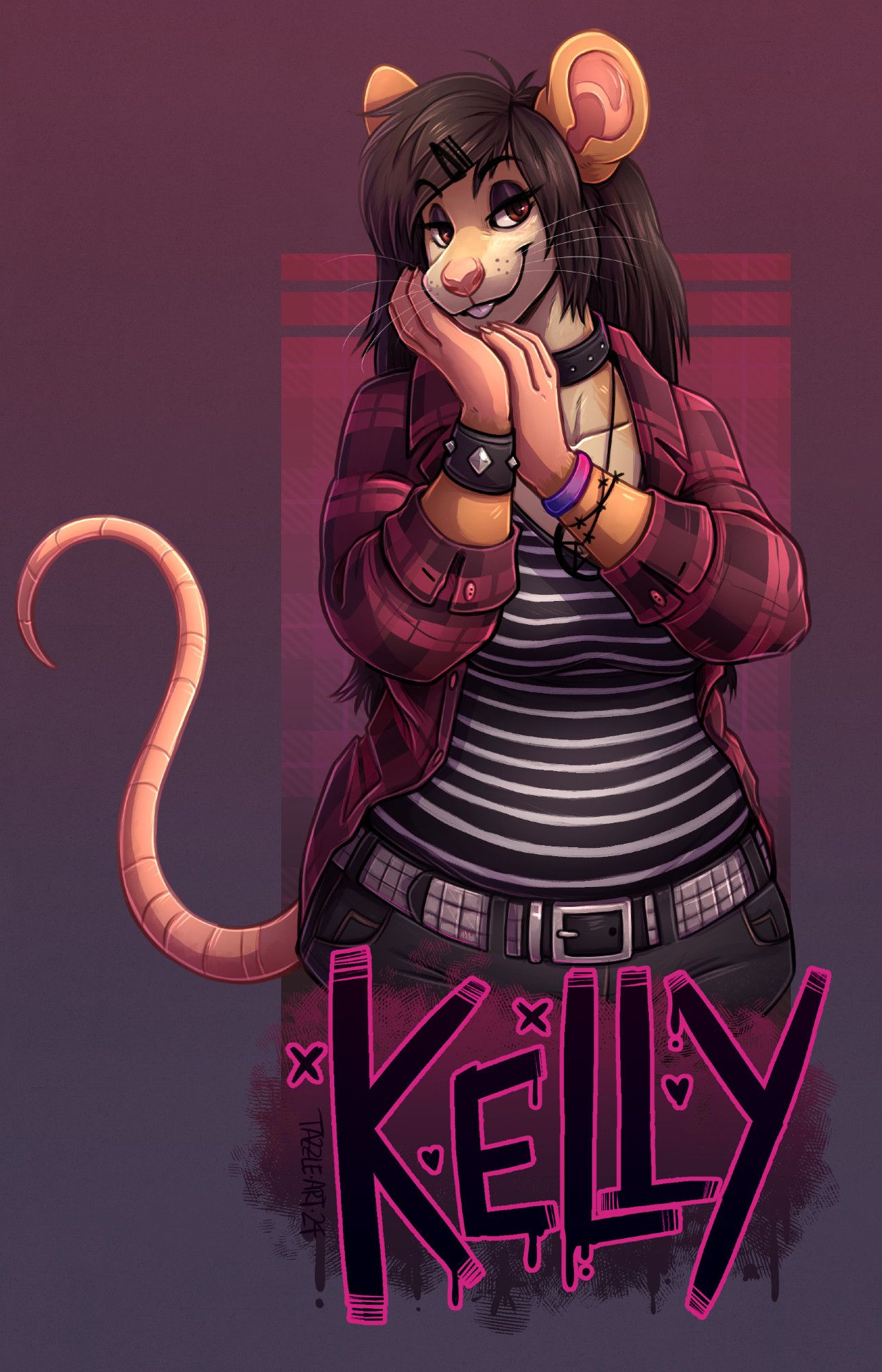 a waist-up conbadge style illustration of a female anthro mouse, wearing a punk/grunge inspired outfit. She has long brown hair and a coy expression. The name underneath reads "Kelly"