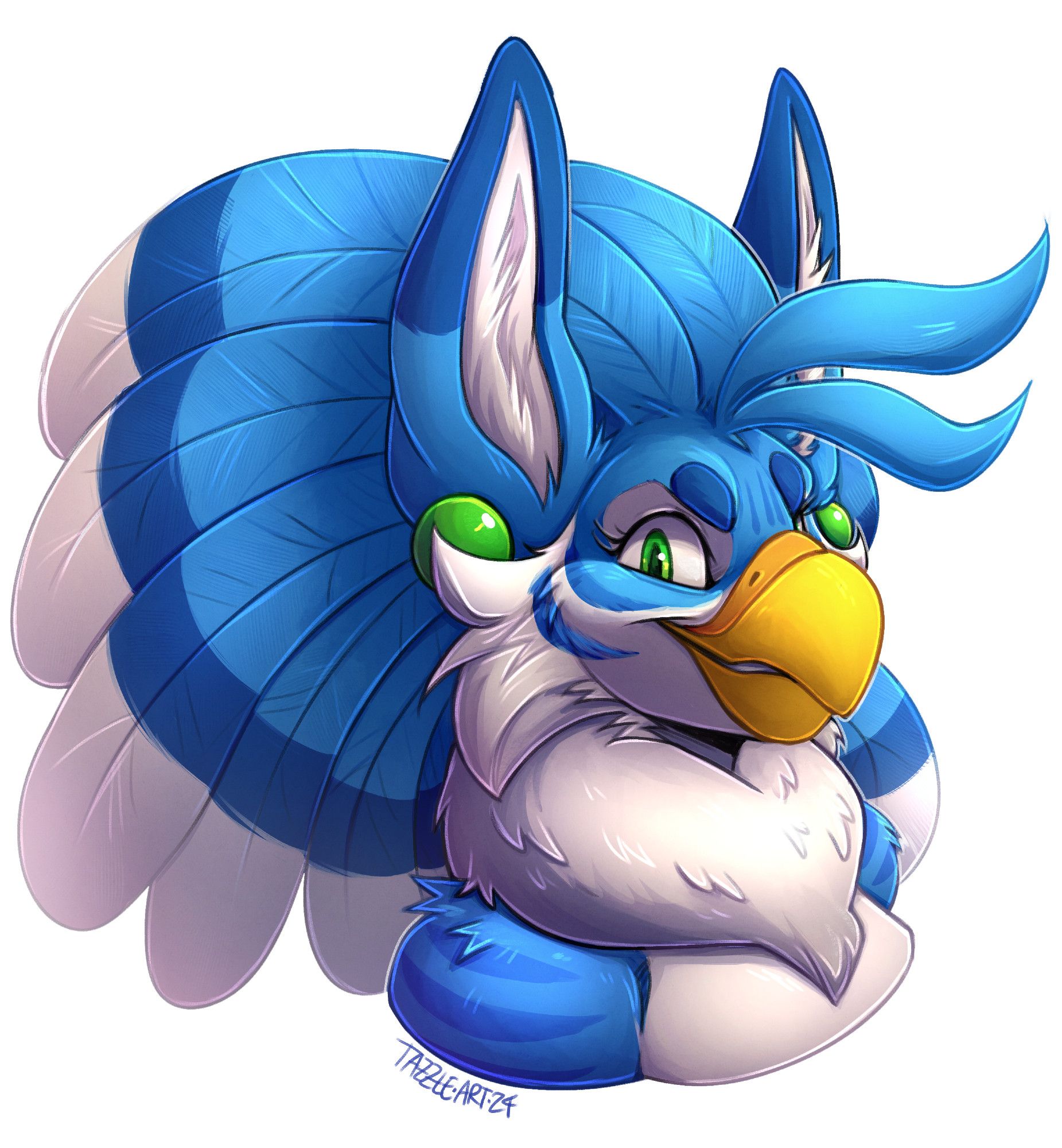 A blue and white anthro gryphon, with a crest of large long feathers swept back behind her head. She has long ears with round green earrings attached, and a small determined smile.