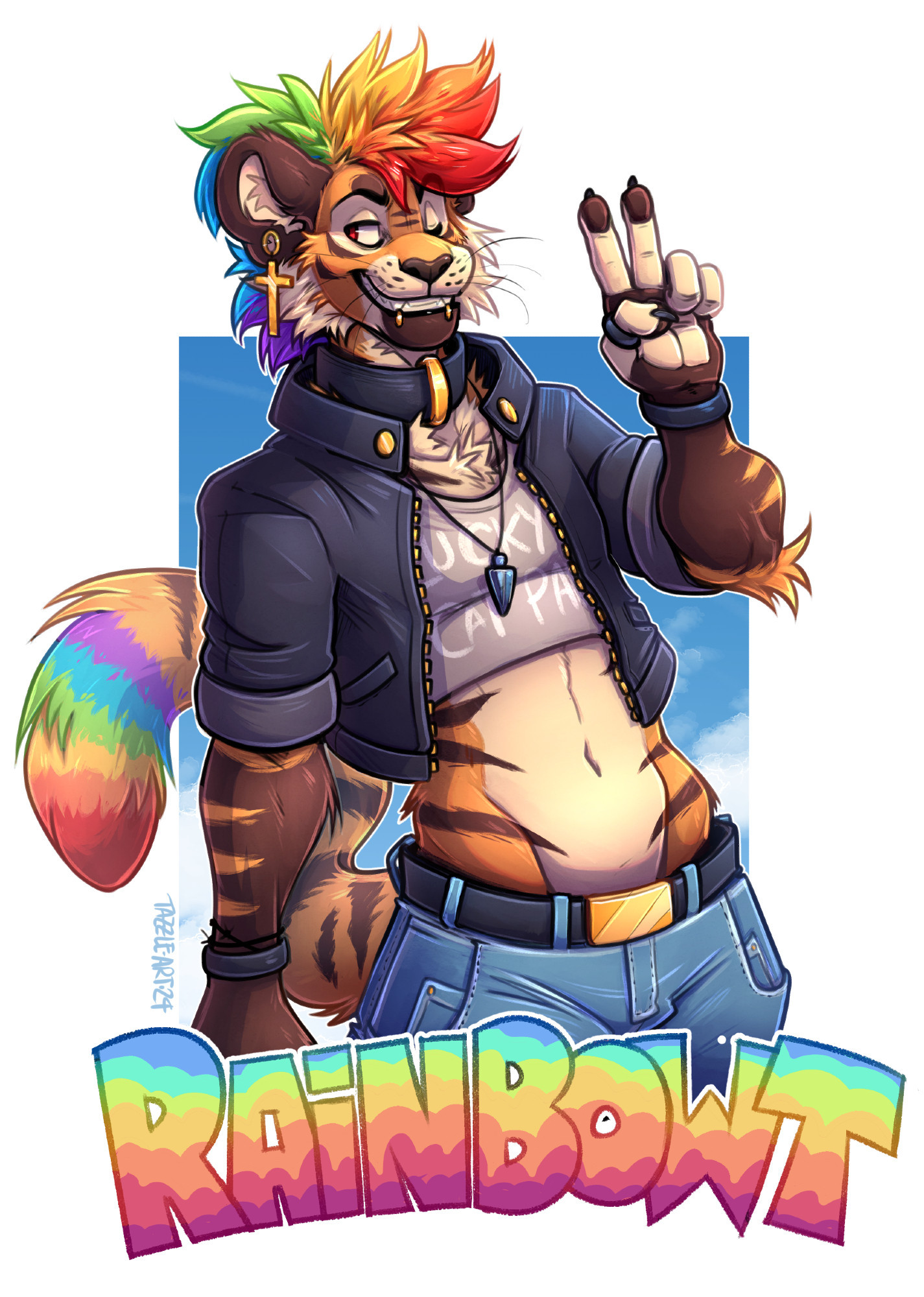 A waist-up conbadge of an anthro tiger with a rainbow mohawk and tailtip! They are wearing a cropped leather jacket, jeans and collar and giving a friendly peace sign. The name underneath reads RainbowT