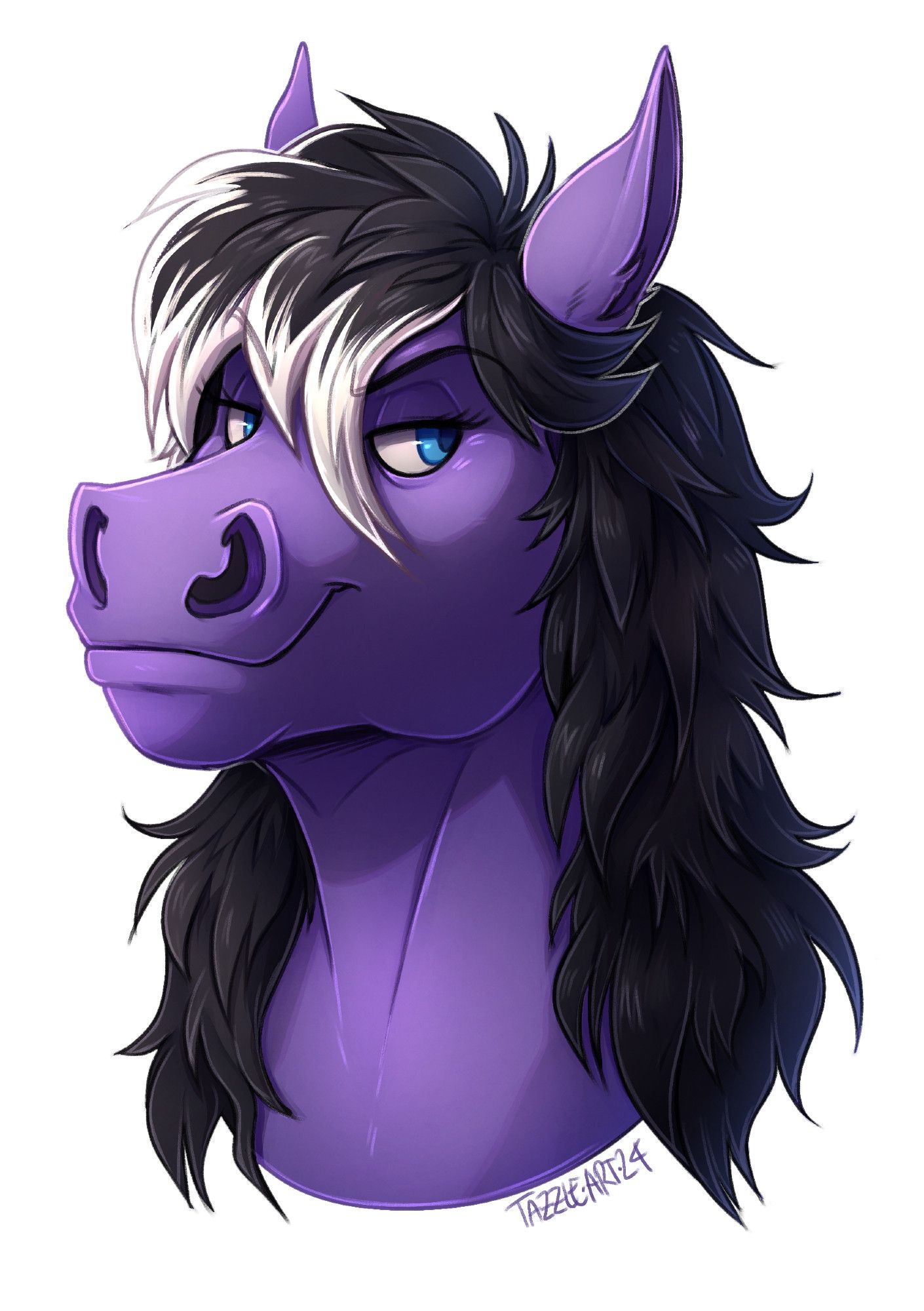 a purple anthro horse with a black and white mane, looking confident