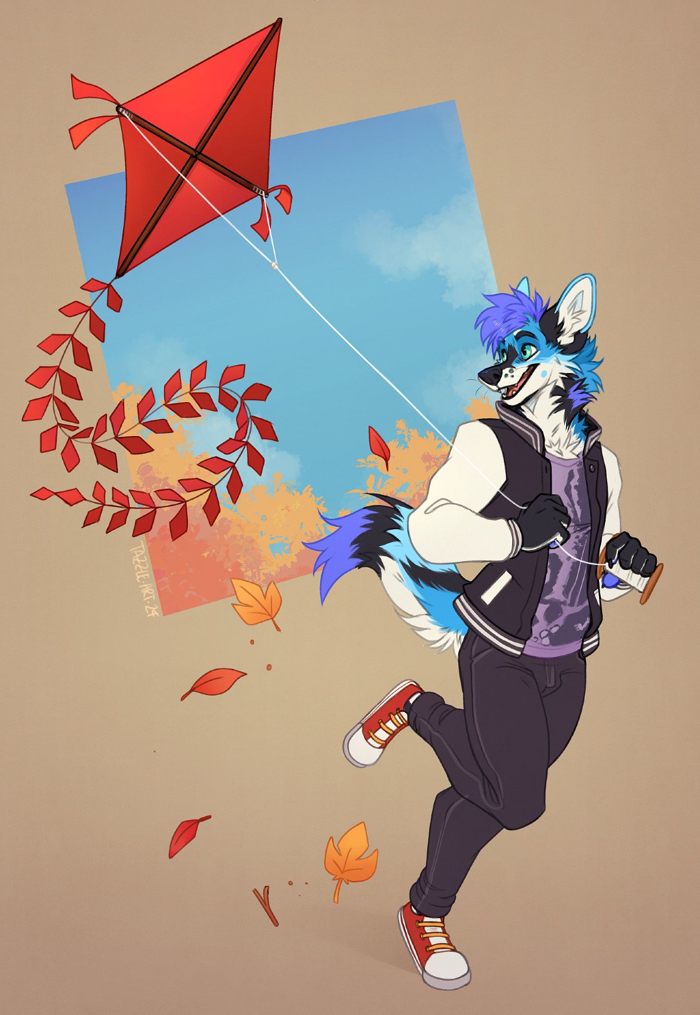 a blue anthro jackal running and flying his red kite. he is wearing jeans, red sneakers and a black and white varsity jacket. There is a cutout square showing an autumn treeline for the background.