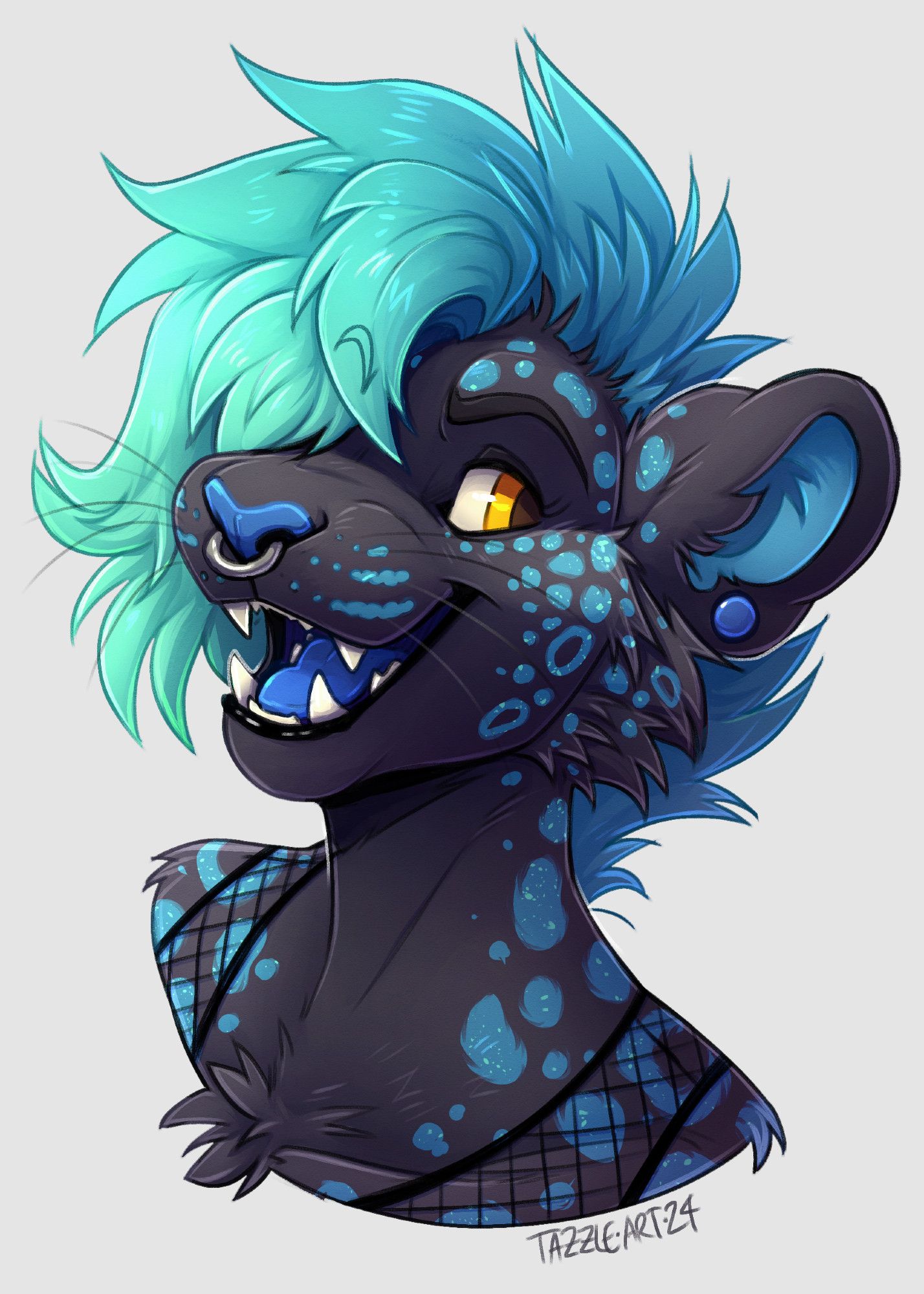 a happy anthro jaguar with blue and green spots and a matching mohawk. she has yellow eyes and a septum ring in her nose.