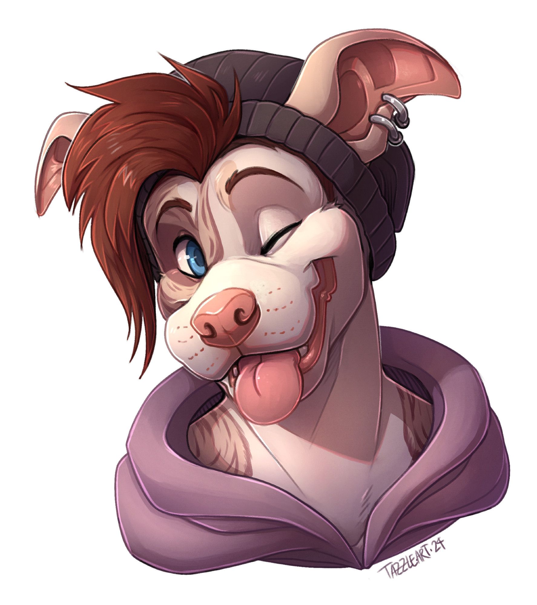 an anthro american bully dog with long brown hair swept to one side, a grey beanie and a hoodie