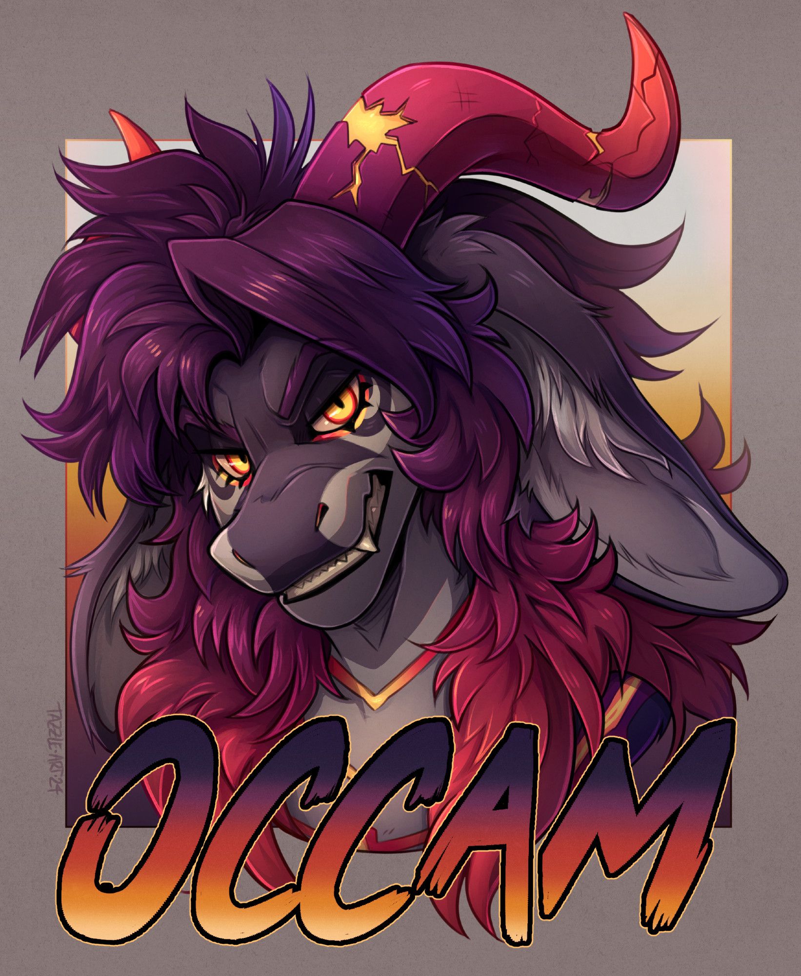 a fluffy grey anthro dragon with long ears and curved horns, he has long voluminous hair in a purple-red gradient. He is looking at the viewer with a cocky expression