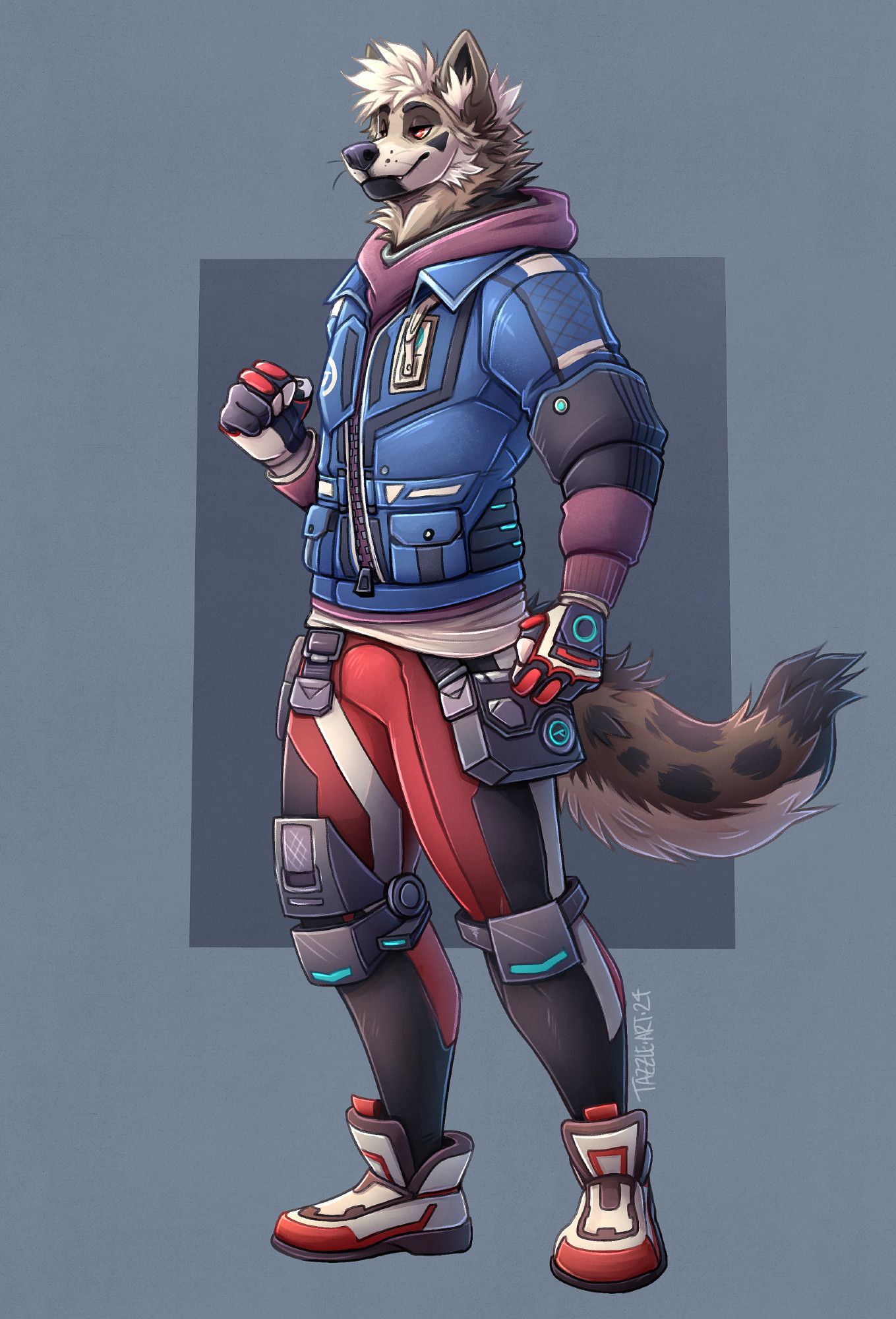 An anthro wolf character with a spotted tail, wearing an outfit from the game Hyper Scape- a blue jacket and red and black pants