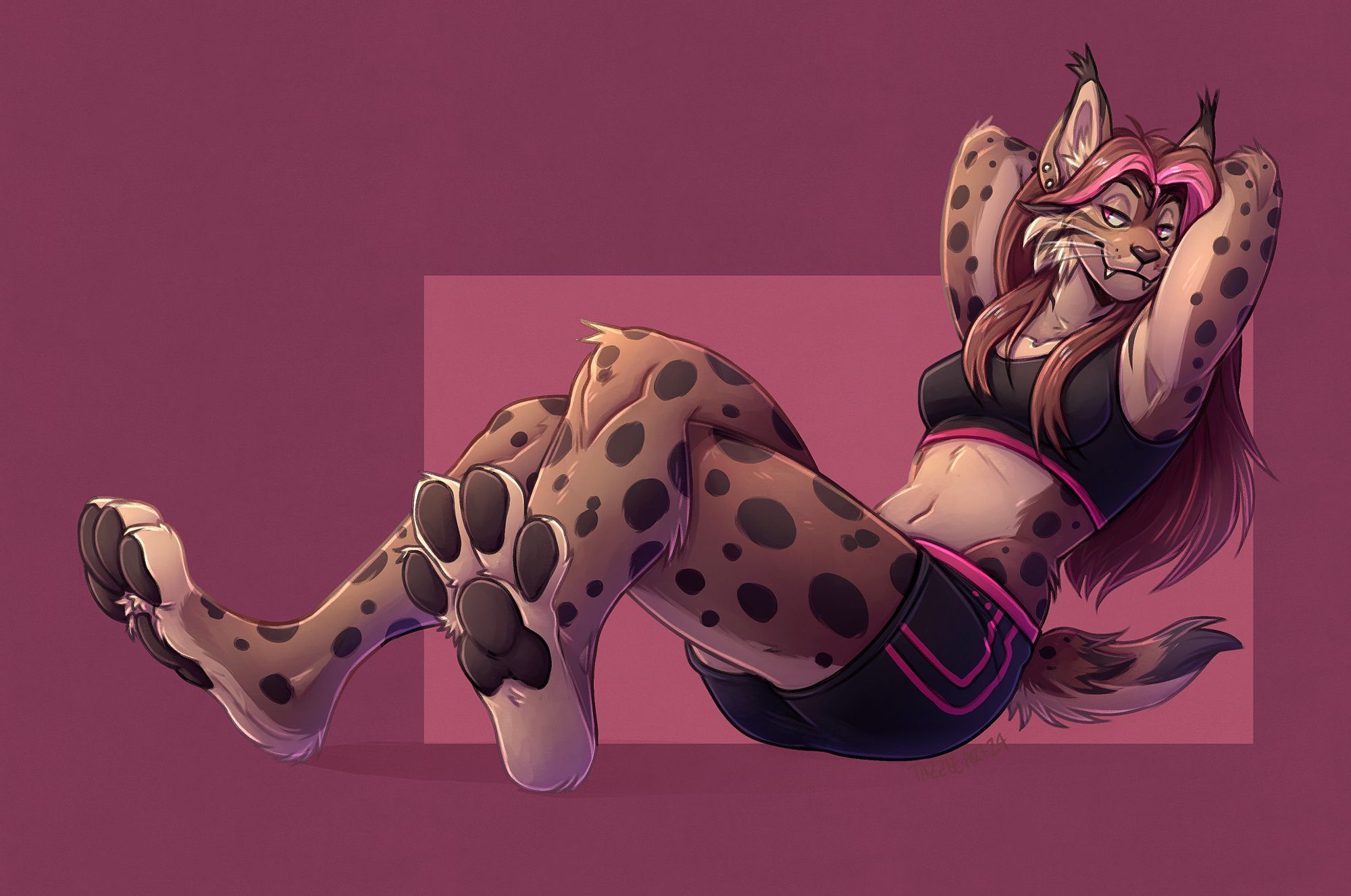 An anthro lynx named Zaide leans back, relaxing and showing off her paws. She has long hair with pink streaks, and is wearing a matching sports bra and shorts.