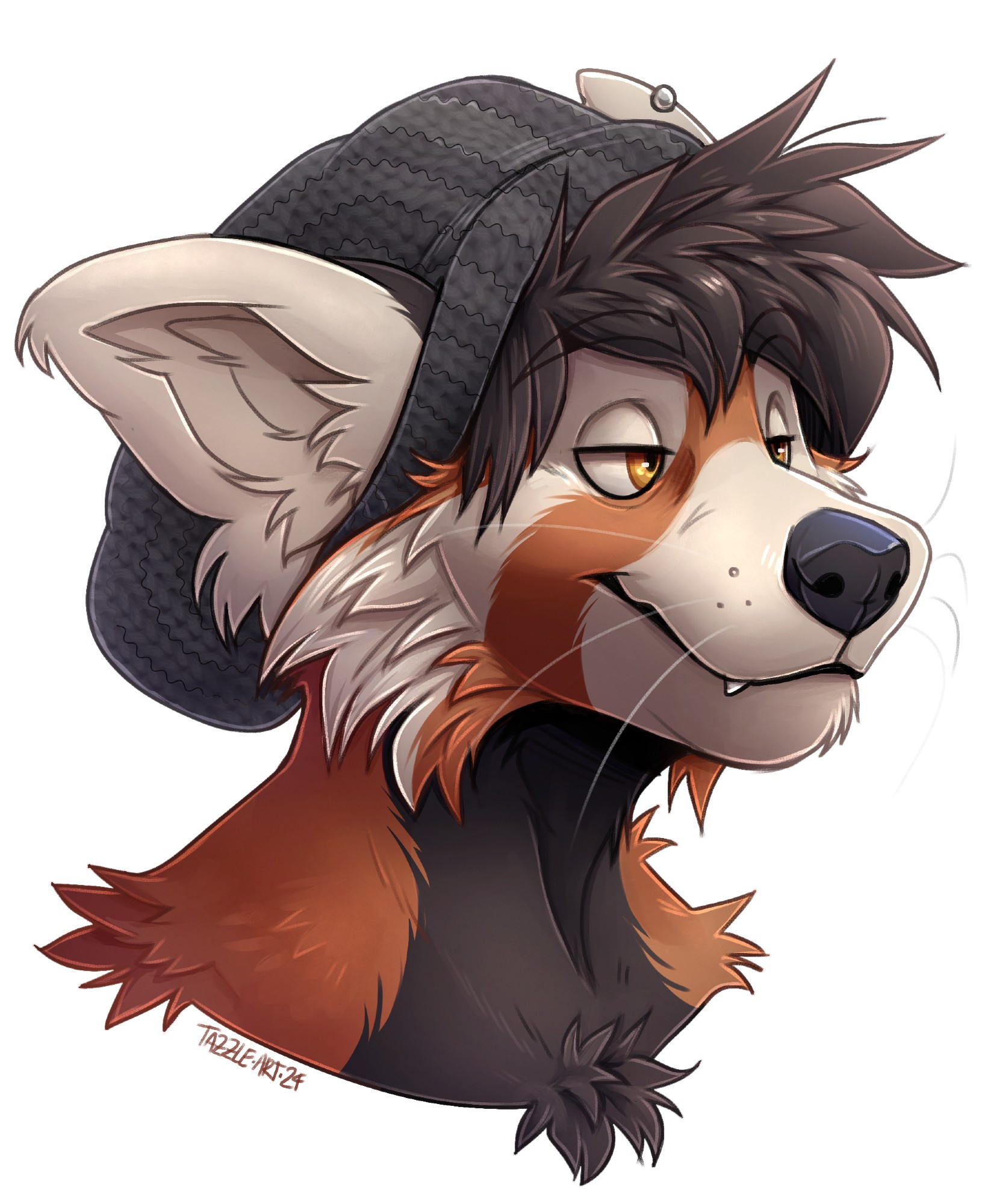 an anthro red panda wearing a grey beanie