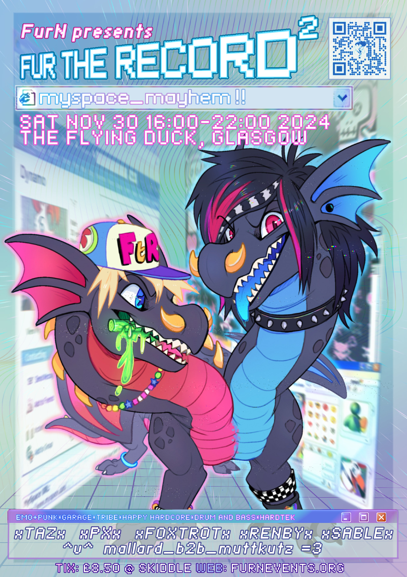 a flyer featuring a two headed dragon, one head is red and wearing kandi bracelets and a colourful hat and is holding a glowstick in his teeth. The other blue head has emo bangs, spiked collar and other hot topic-eque accessories on her legs. In the background are some flying browser pages, as if they are bursting from the old internet! The text features information for the Fur The Record event in Glasgow, UK.