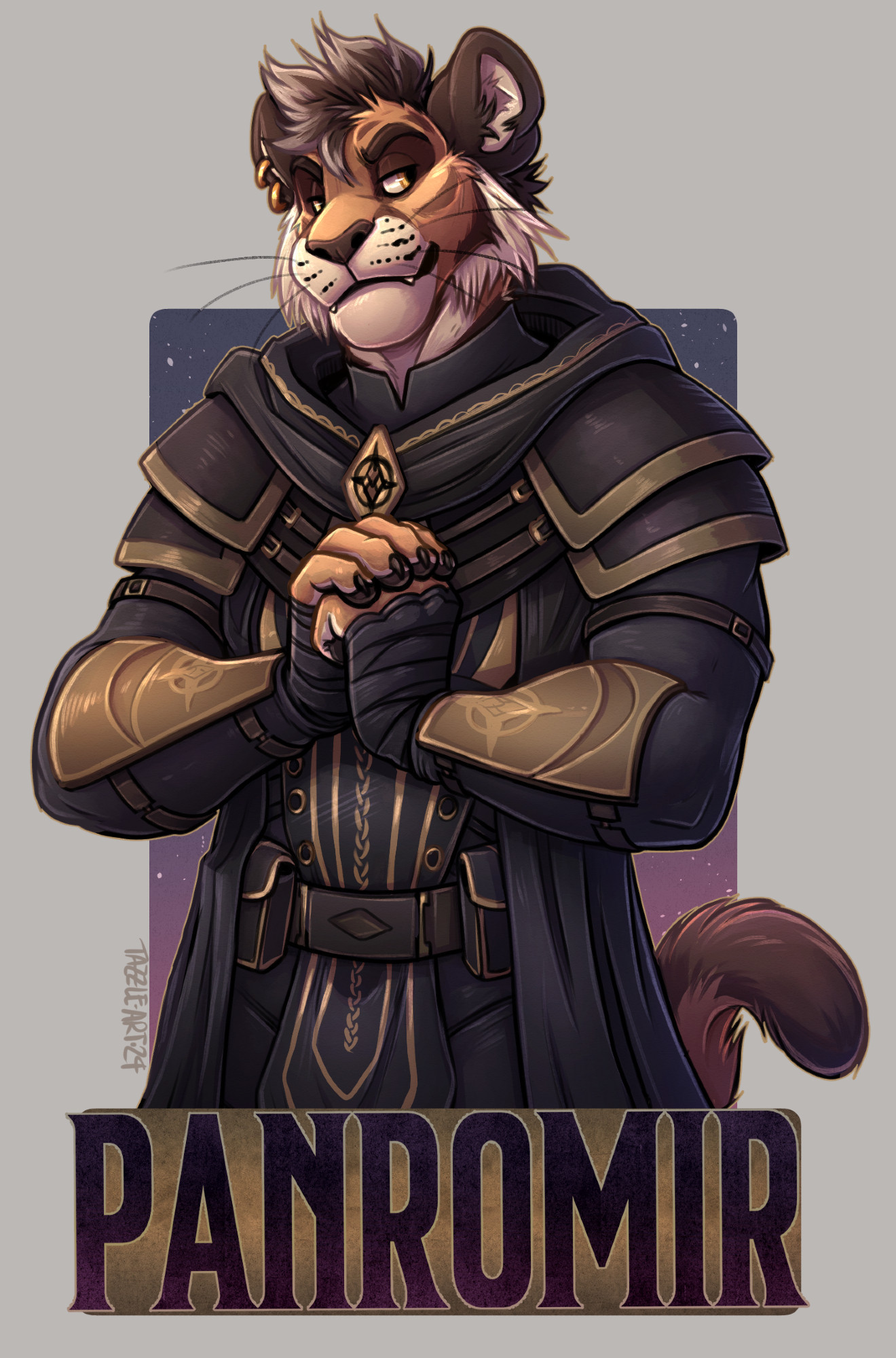 A waist-up badge of an anthro tiger, he is wearing dark "roguelike" armor with gold details and looks ready to get up to something! The name below reads Panromir