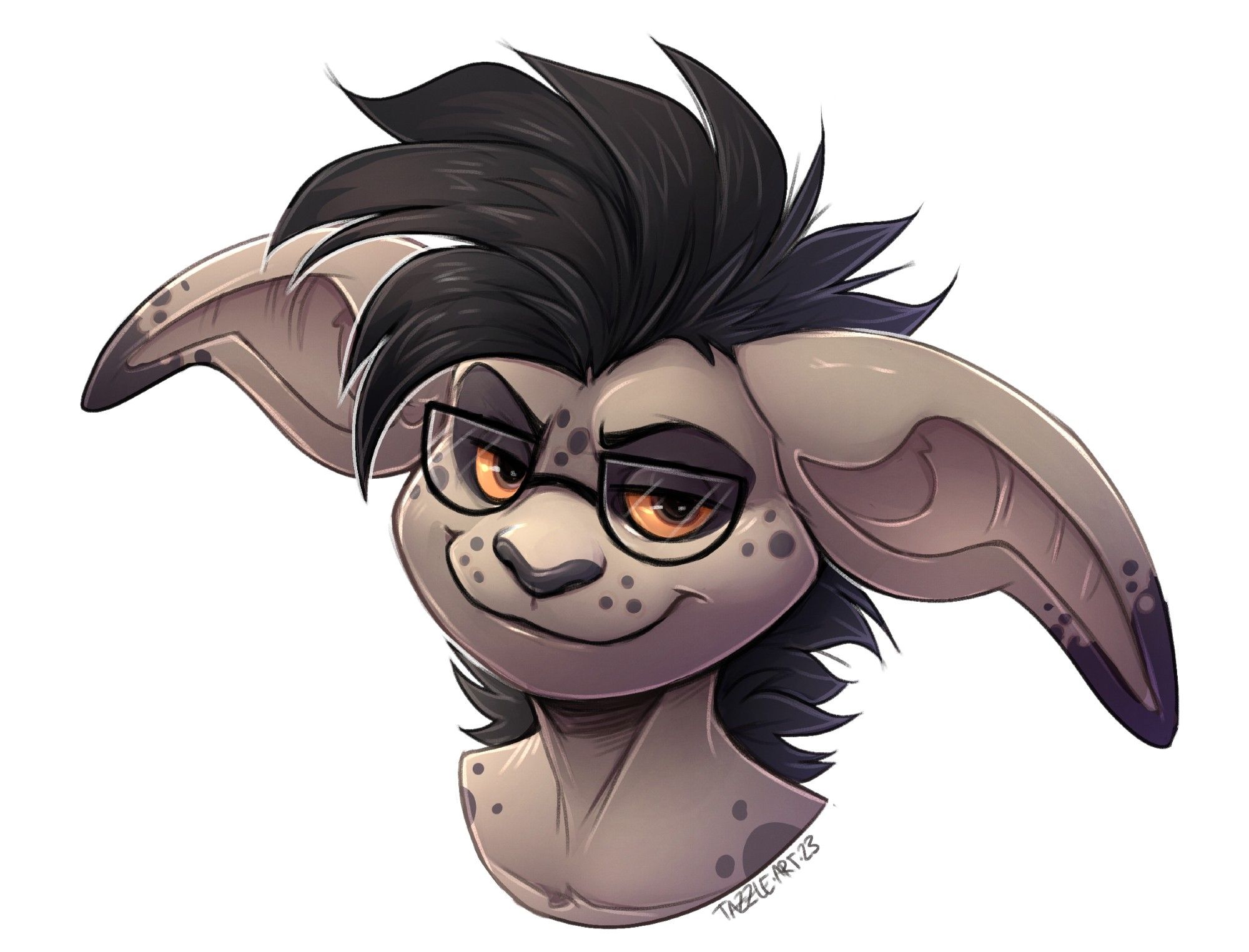 an asura wearing glasses smugly considers the viewer. he has long floppy ears and bright yellow eyes.