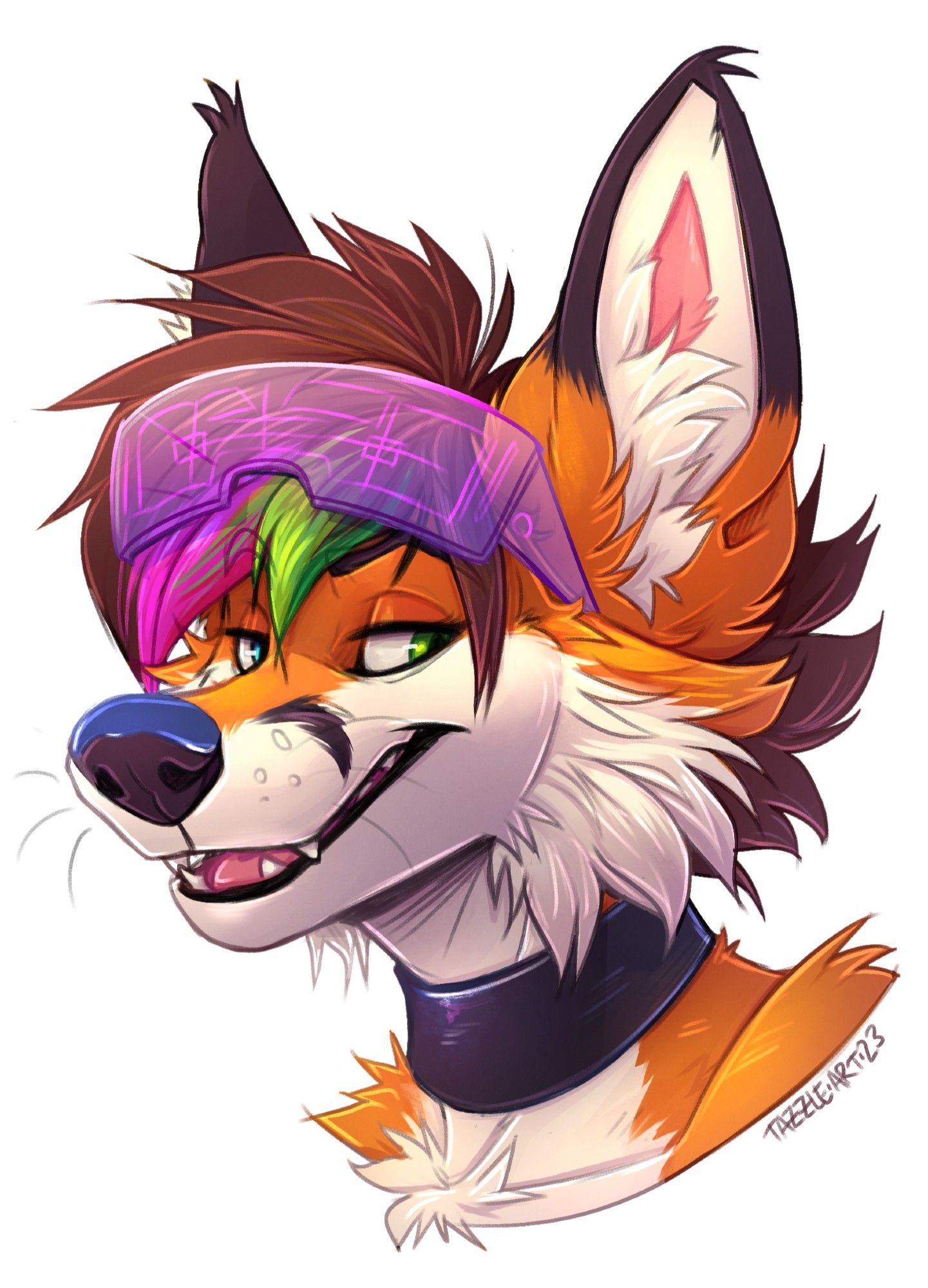 a femme anthro red fox wearing a latex collar and pink visor on her head, she has neon pink and green streaks in her hair