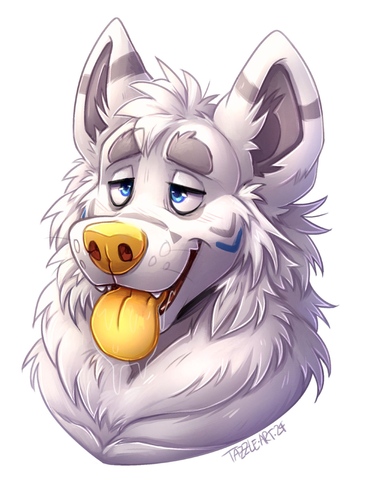 an anthro samoyed dog, with a bright yellow nose and matching tongue. they are looking dazed and pleased about it!