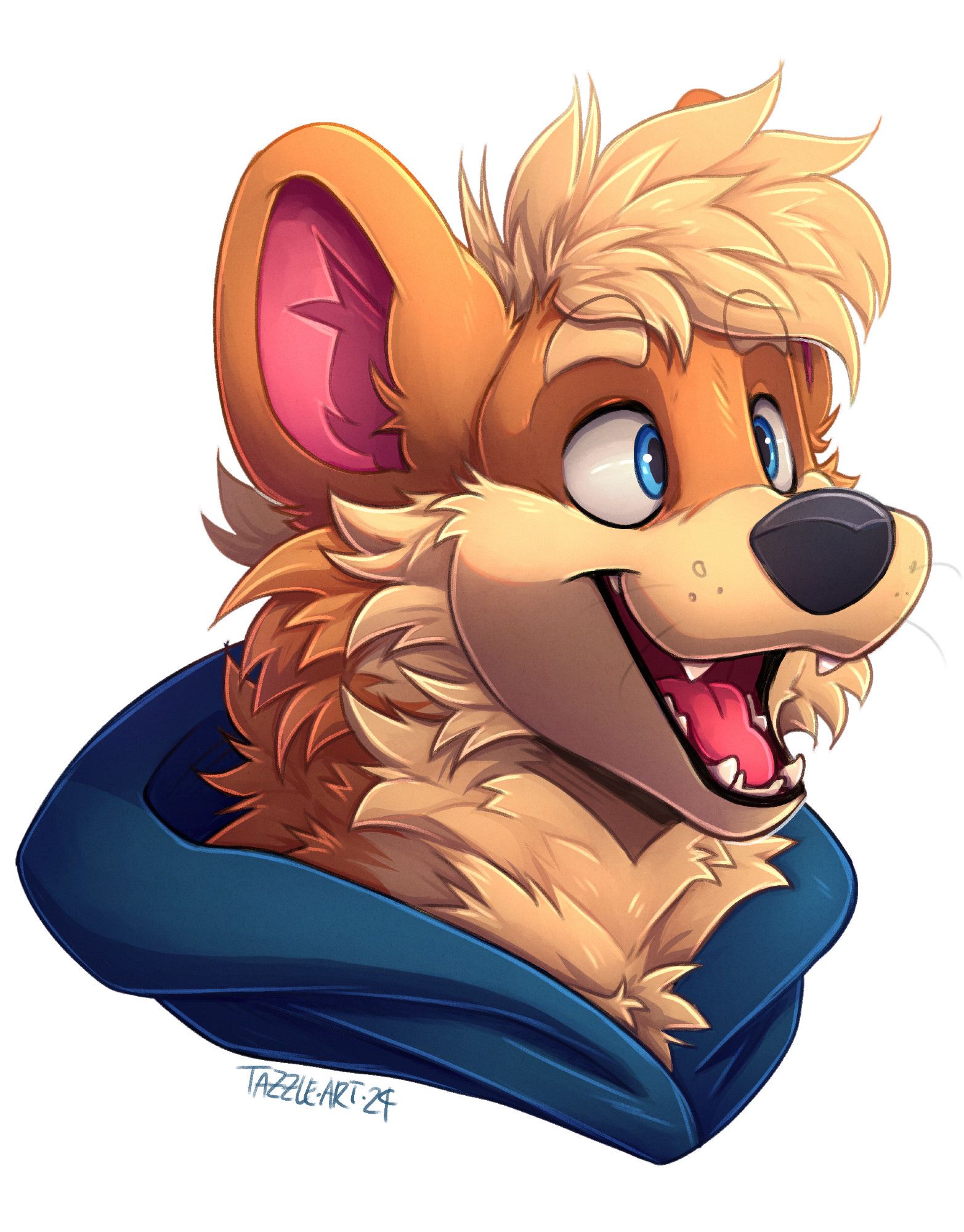 a very cheerful looking anthro growlithe, with the top of his blue hoodie visible.