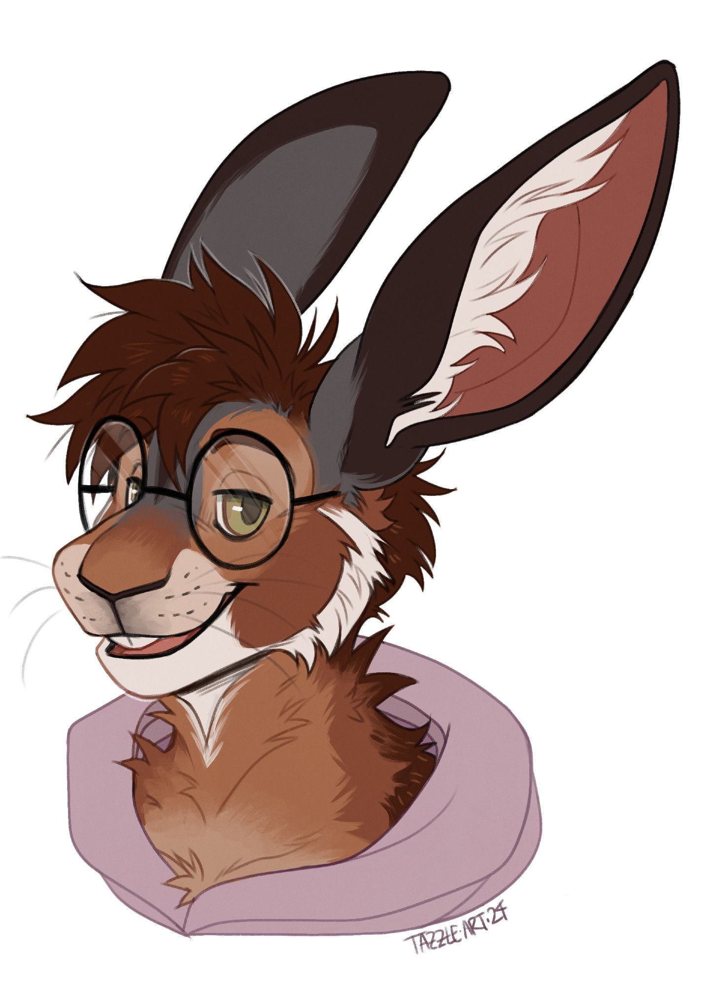 a calm and friendly anthro brown hare, wearing round glasses and a pastel pink hoodie.