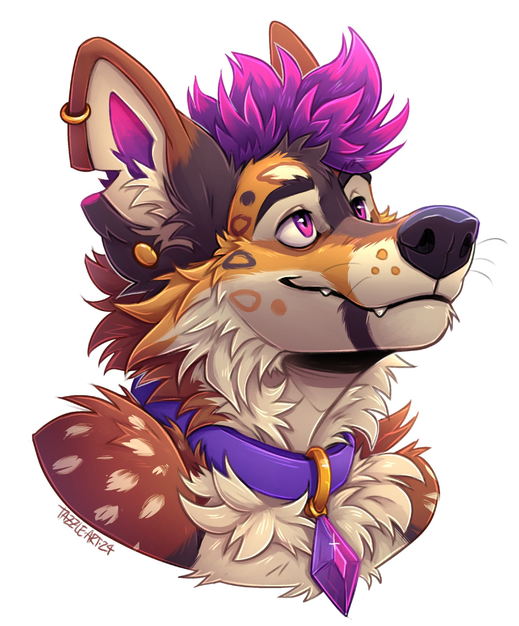 an anthro coyote with spots, and bright purple and pink hair and a purple collar with a diamond-shaped jewel attached