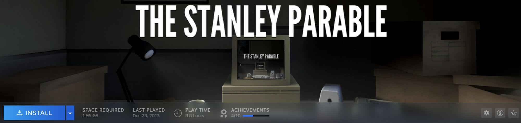 Screenshot of a Steam library, focused on the videogame The Stanley Parable. The page shows that the game was last played on Dec 23 2013.