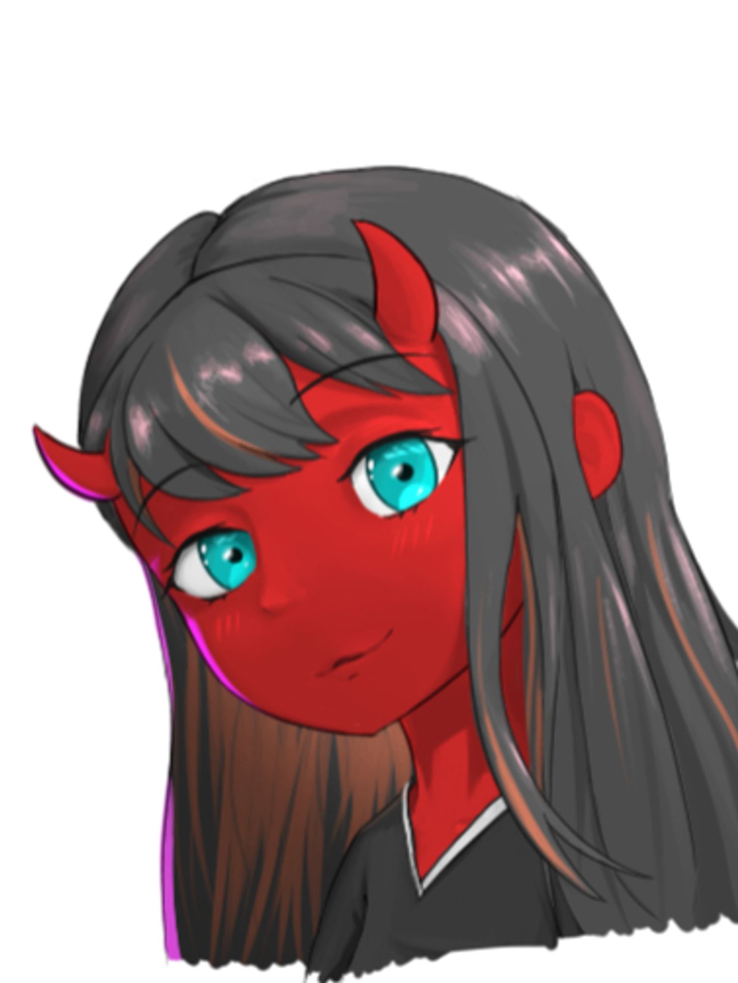 Portrait of a red-skinned girl with horns, dressed in a black shirt.