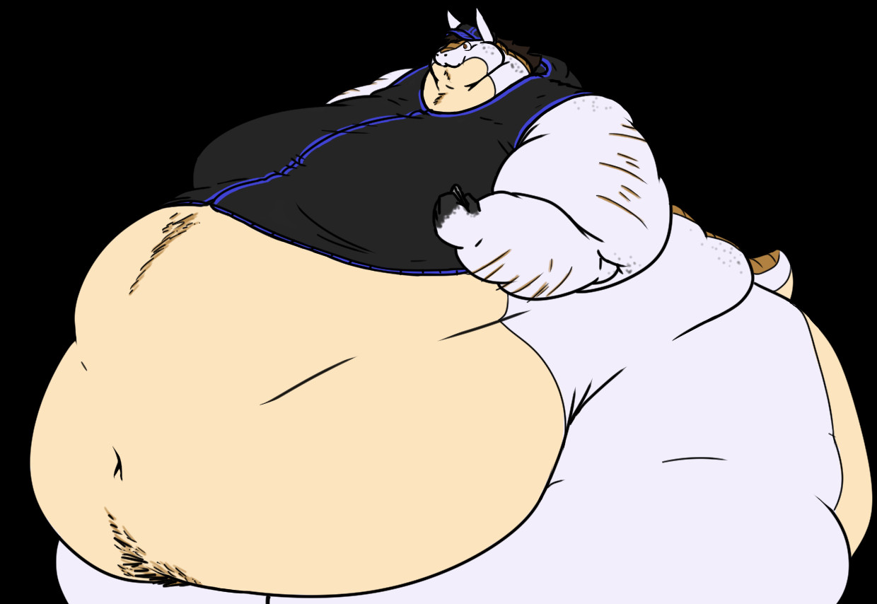 An extremely large and fat polar behemoth, standing, wearing nothing but a black hat and black hoodie, his belly exposed entirely. No pants!