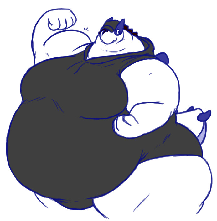 A very large and fat Lugia with a huge belly, flexing his fat muscles while wearing a black hat and hoodie/singlet.