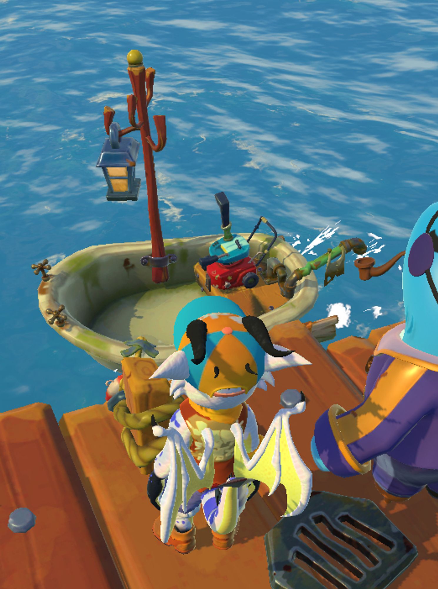 Screenshot of Critter Cove, of a dragon and a shark looking at a rowboat made out of a bath tub, coat hanger with a lantern, and a lawnmower engine. Safe!