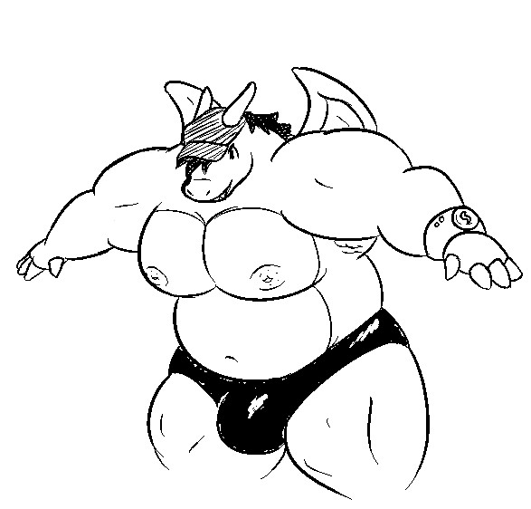 An anthro, fat but very muscular charizard in nothing but a hat and speedo, with his arms extended on his sides.