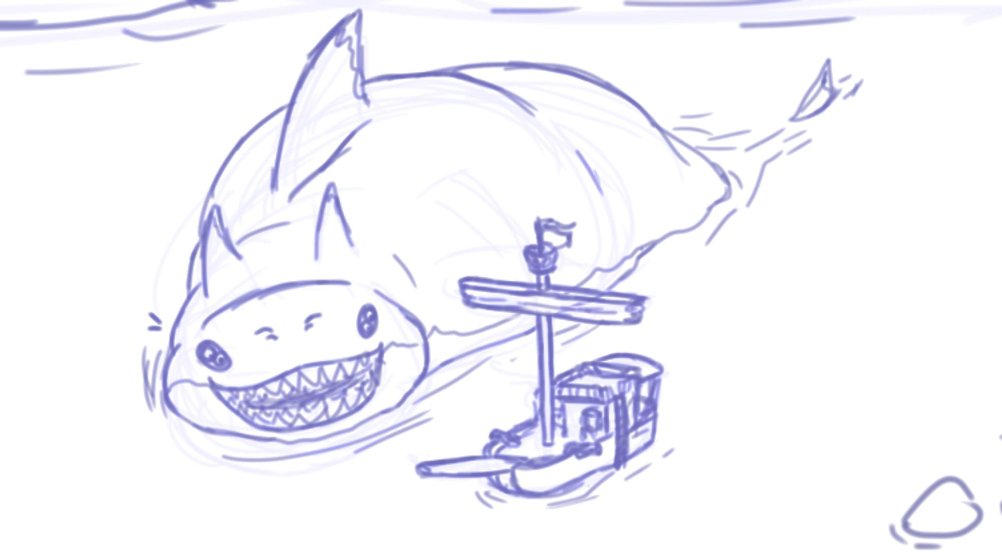 A sketch of a fat SoT megalodon looking happily toward a little sloop next to them, happy and fat.