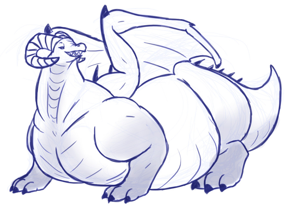 A sketch of a Vidofnir, a white dragon from Final Fantasy 14, drawn much big and fatter than normal; noticeably her belly is drawn larger and heavier.