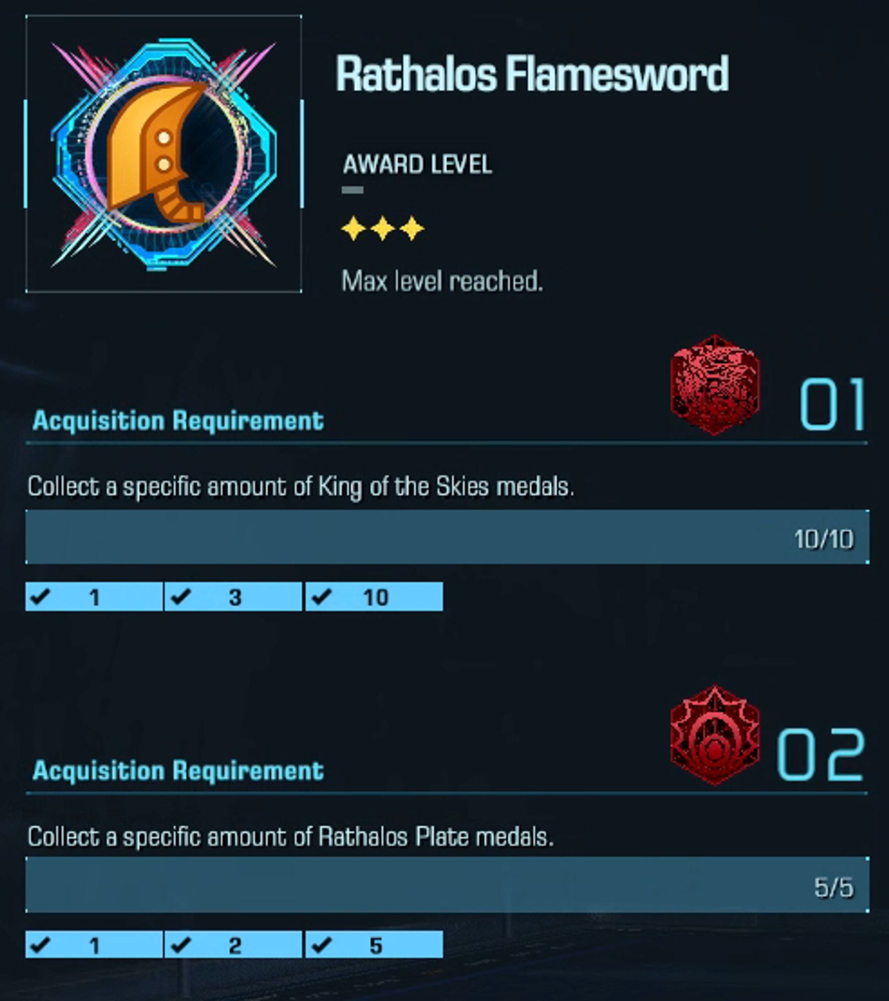 Exoprimal screenshot of the Rathalos Flamesword achievement, meaning you overcame the Desire Sensor final boss.