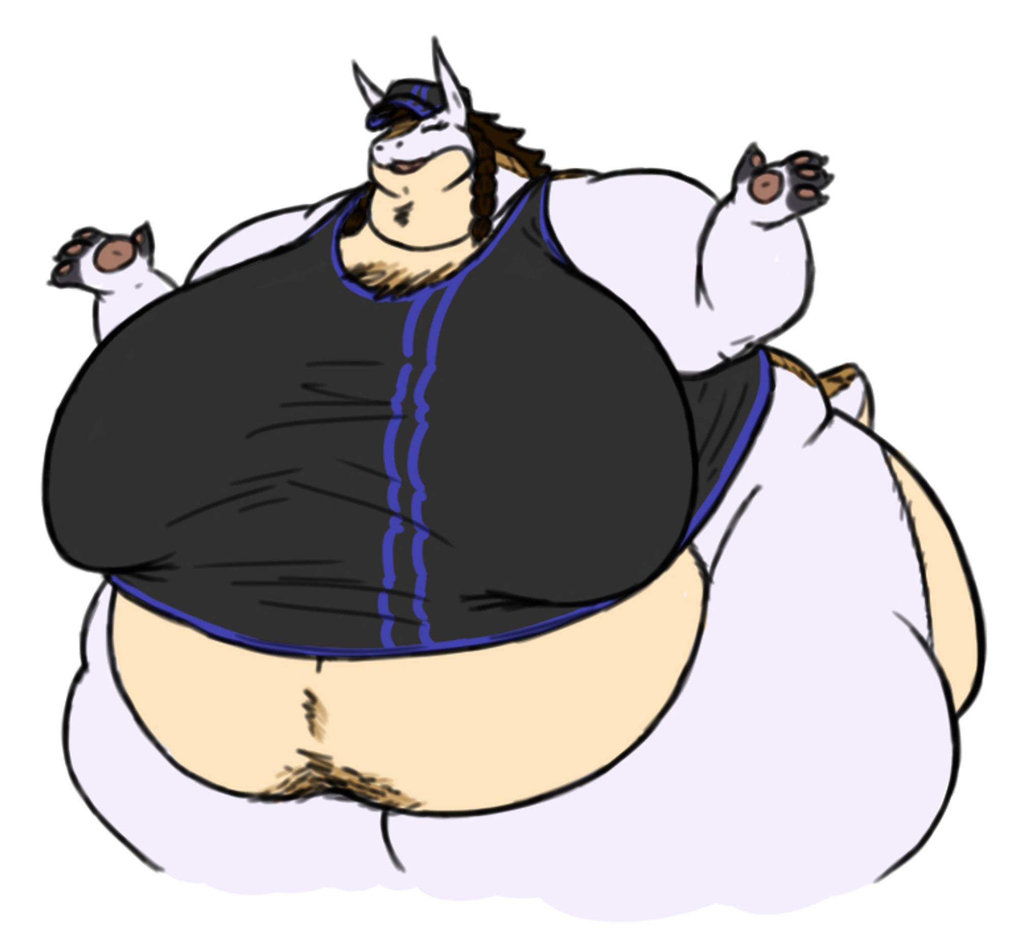 A large polar behe with big everything shrugging happily, wearing no pants so Ass Out.