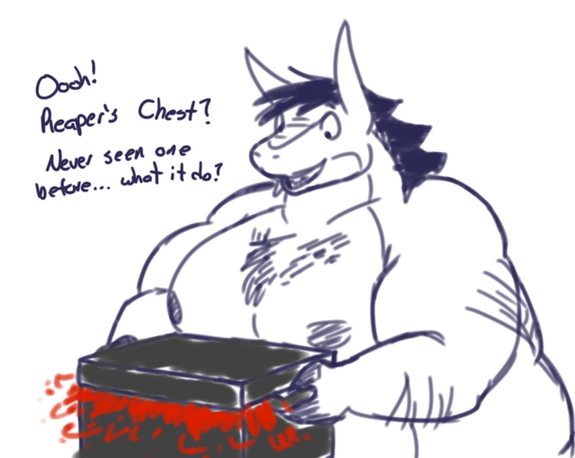 The polar behemoth holding up an ominous black chest with an evil red aura coming out of the lid.

"Oooh! Reaper's Chest? Never seen one before... what it do?"