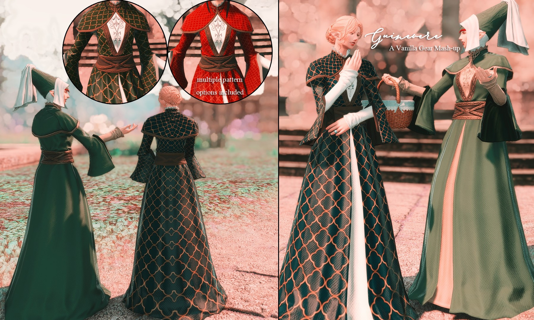 Image is a preview for a Final Fantasy clothing mod named 'Guinevere.' Image features two Elezen women in Medieval dress, one green and the other patterned gold and blue. One woman wears a hennin, matching the green of her dress. 