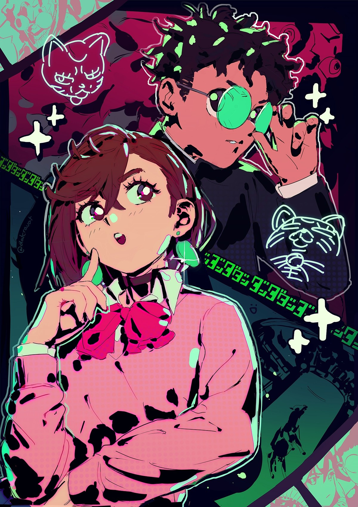 Fanart for "DanDaDan," a Japanese anime and manga series, depicting the two main protagonists. Momo Ayase takes up the bottom half of the image, resting a finger on her face with a green background and cow being abducted by a UFO behind her, while Okarun takes up the top half of the image adjusting his glasses, a red background behind him with Turbo Granny in her original form superimposed behind him. Both characters are cel-shaded with black.

There are two doodles of Turbo Granny in her cat form either side of Okarun looking suspicious and relaxed. Framing the picture on the top left and bottom right are film reels with panels from the manga redrawn in each one.