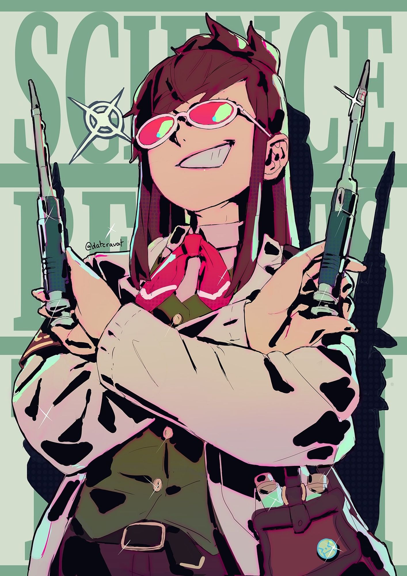 Ema Skye from the Ace Attorney series holding two micropipettes pointing upwards with crossed arms, as if they were weapons. Her luminol glasses cover her eyes and she's got a giant smirk on her face. Behind her she overlaps giant text that says "SCIENCE BEGETS TRUTH."