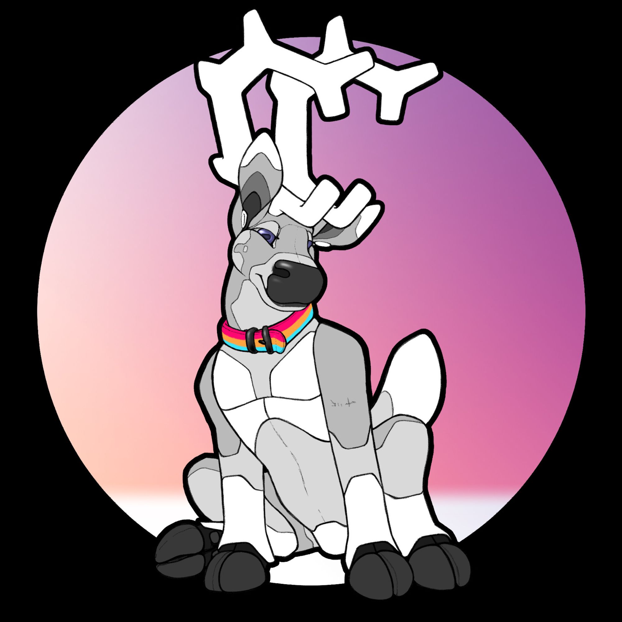 Four legged version of my cyber deer fursona sitting like a dog, you can see his nullspot module