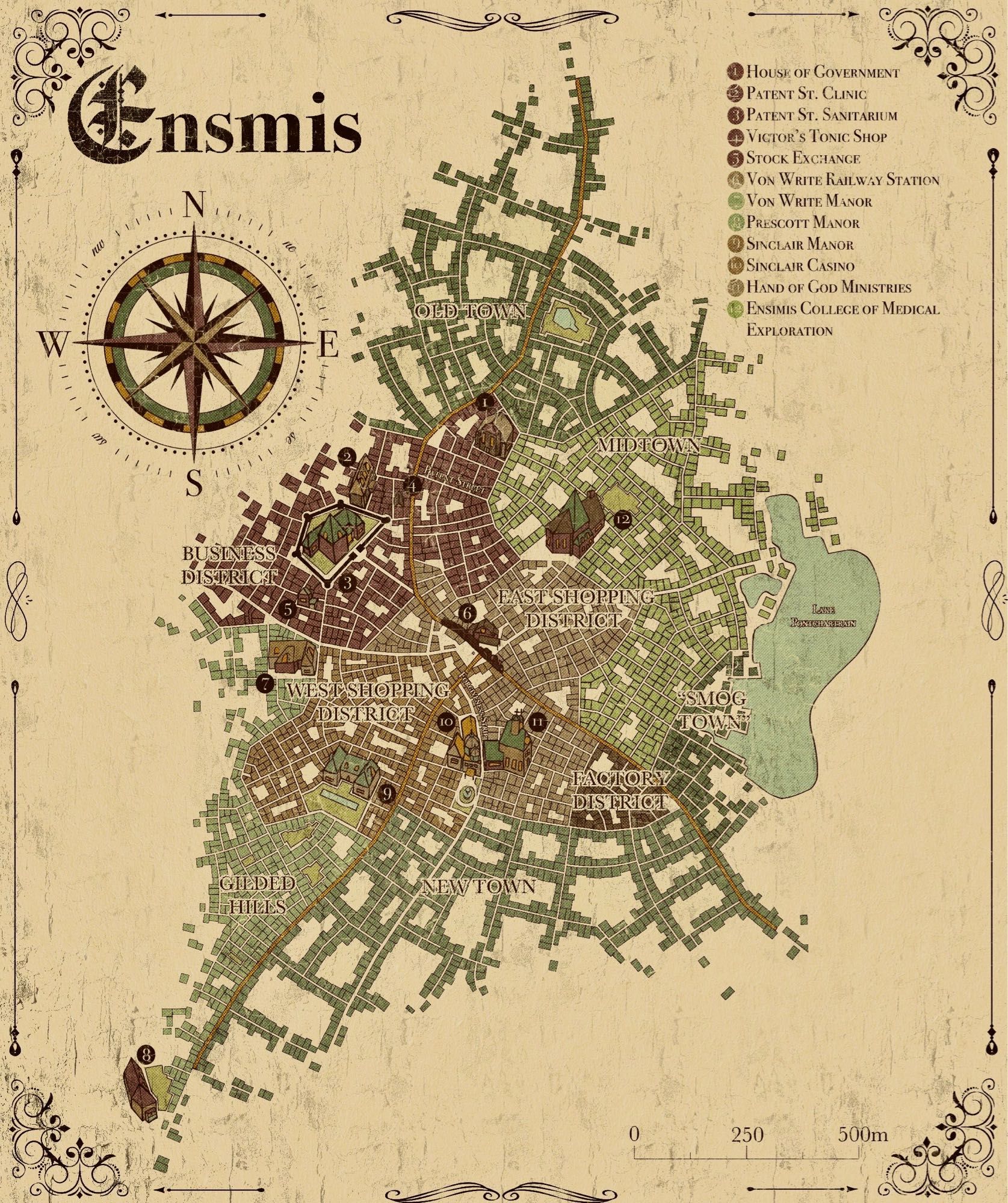 Art of a map of a fantasy town.