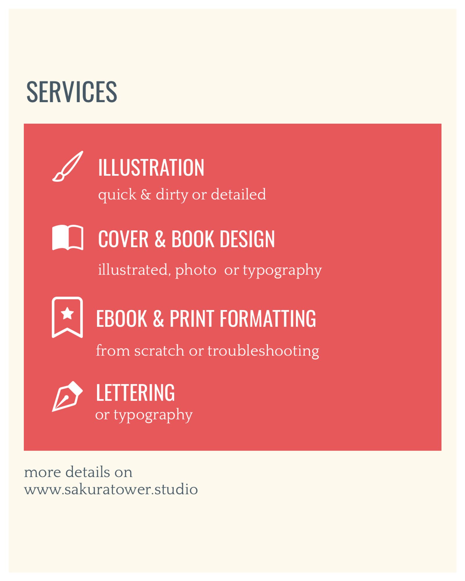 A graphic of a quick list of services provided: illustration, cover art and book design, ebook and print formatting, and lettering.