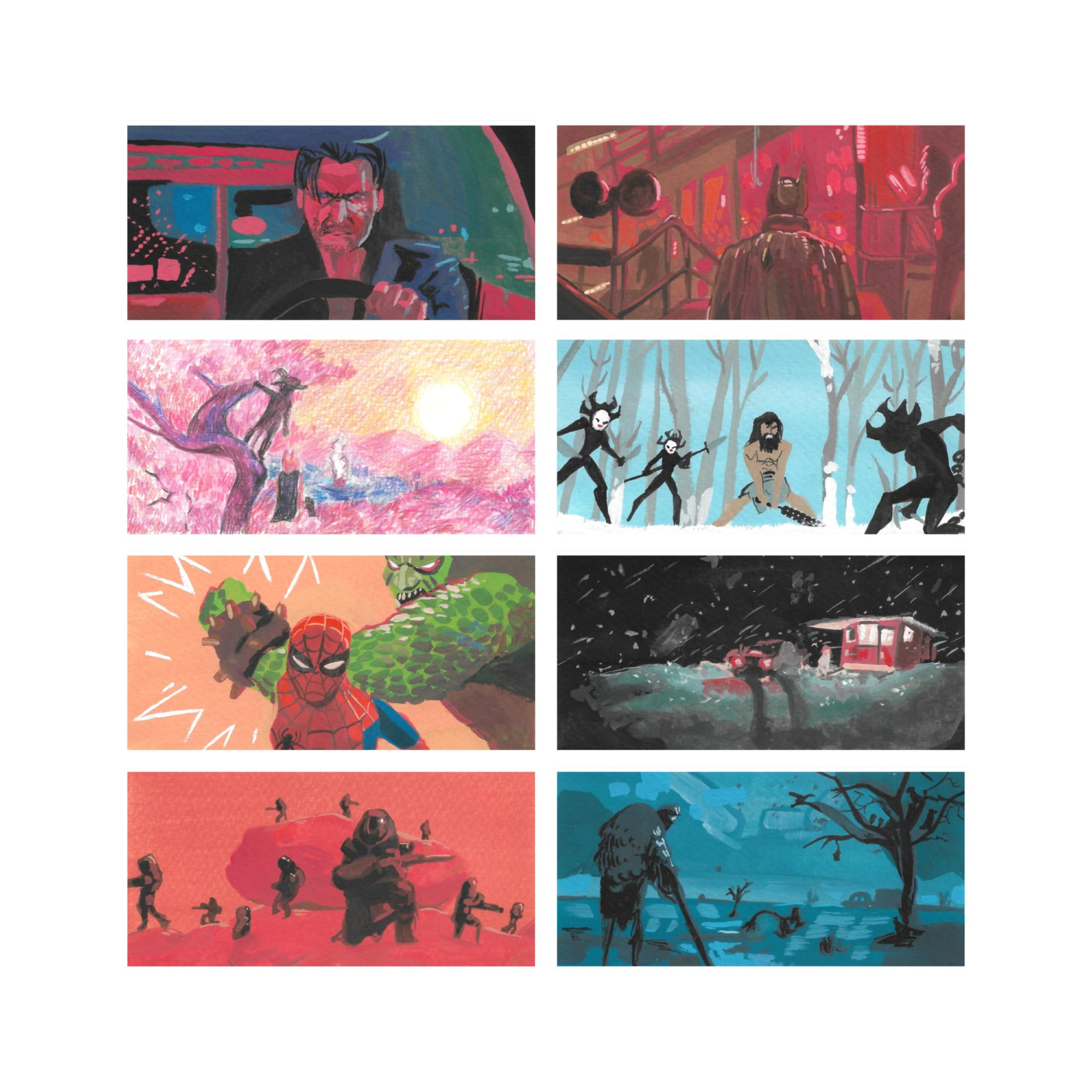 Gouache studies of frames from different movies/shows, including: Baby driver, The Batman, Puss in boots, Samurai jack, Into the Spider-verse, ITOET, Dune and Mad Max Fury road