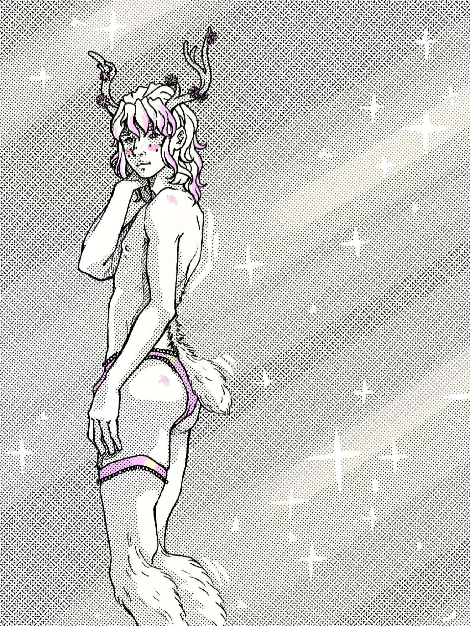 A traditional ink drawing with digital screentones of Kokabiel standing as a fawn boy, in just cute lace underwear and a garter. He has a sweet face with freckles, long wavy hair tinted pink, and cute antlers with flowers. His deer tail is poking out as he stands, demurely looking back at you over his shoulder as sparkling sunlight falls on him.