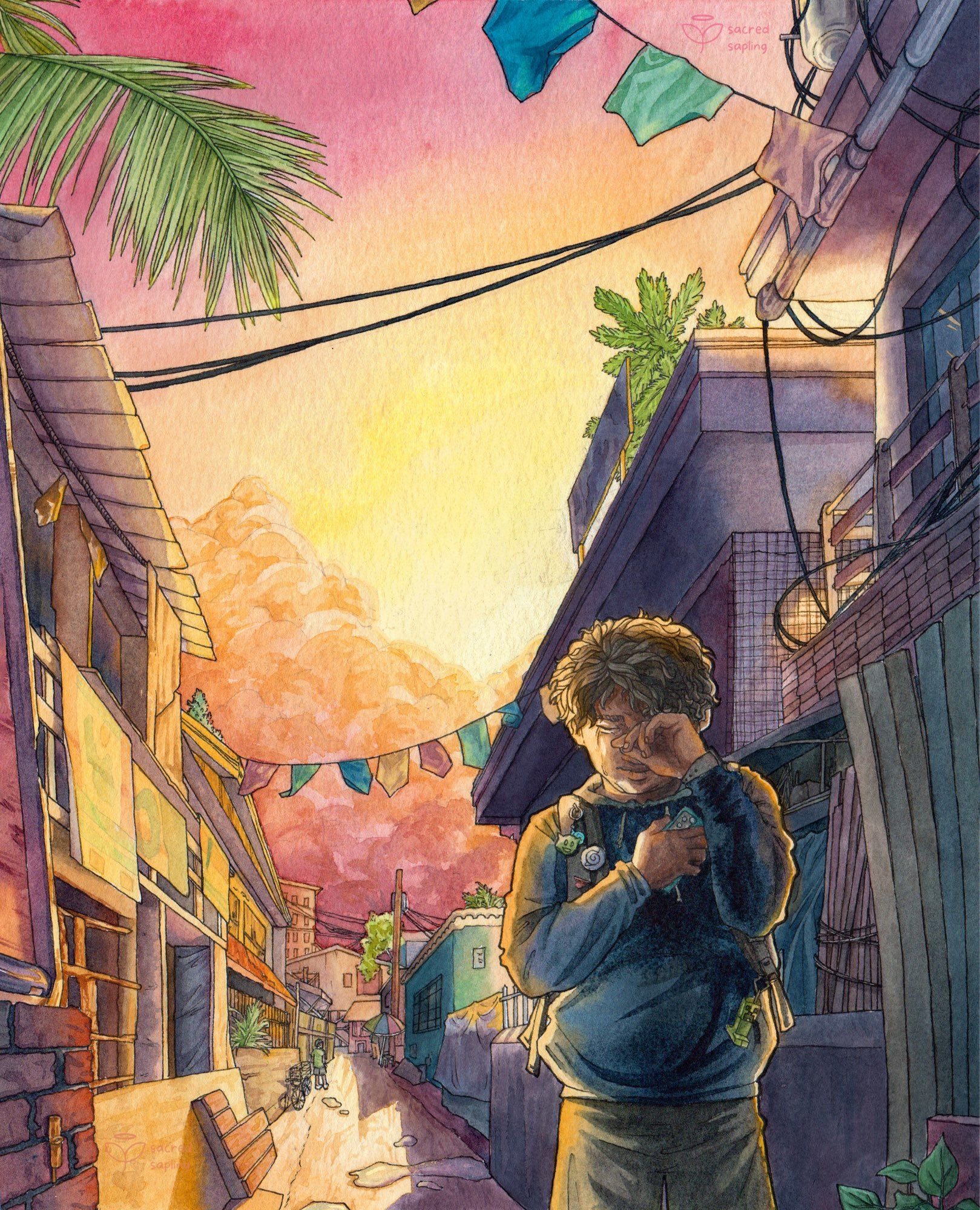 A detailed watercolor of a young Filipino boy crying and walking down an empty street at sunset.