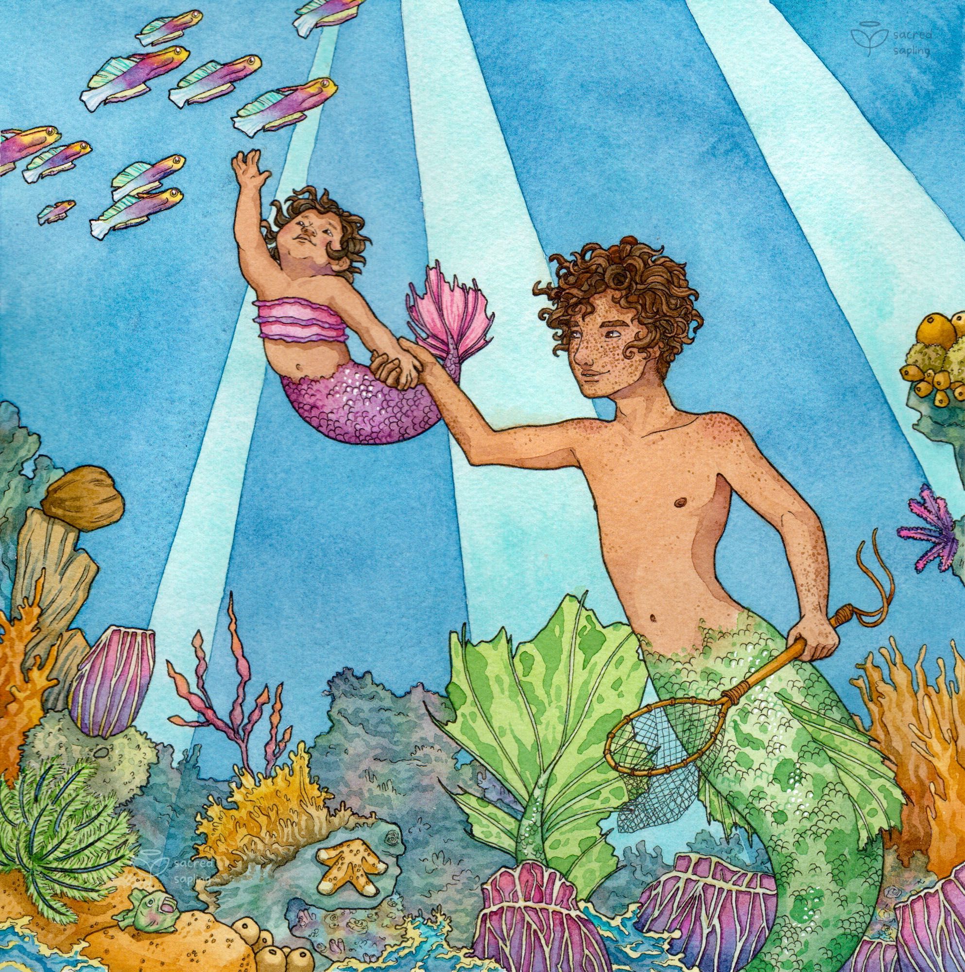 A watercolor painting of two mer-kids in shallow water with light beams. Gabriel is an older boy, in his mid-teens, with light brown skin and a lot of freckles, curly brown hair, and a green freckled tail. Rosie looks similar to him, but is only around a year old with a purple tail and shirt. She’s reaching up to catch some colorful fish as Gabriel holds her hand, a detailed multicolored coral reef surrounding them.