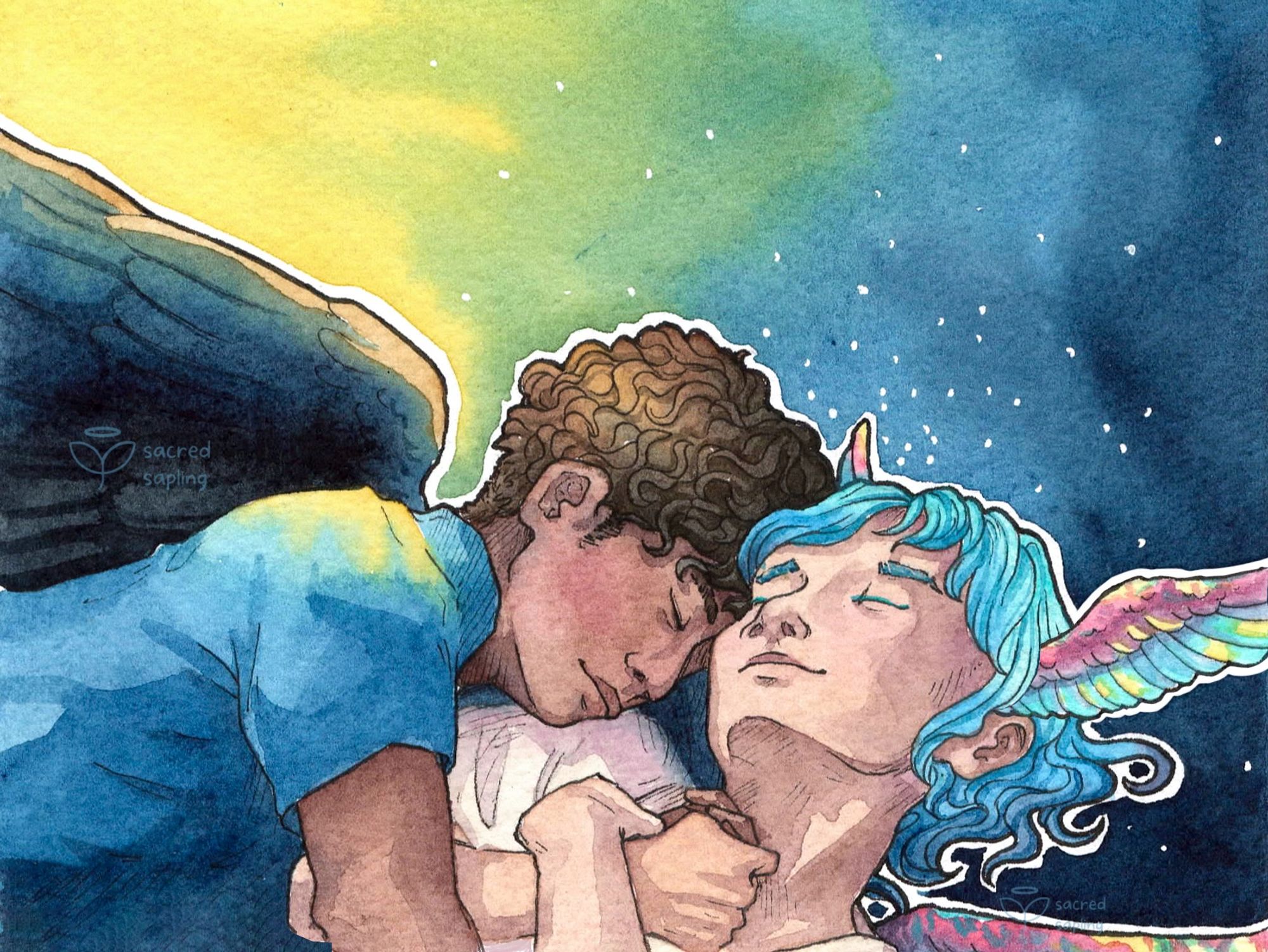 A simple watercolor of two male angels snuggling, one with dark wings, curly brown hair, and brown skin. The other has long turquoise hair and multicolored headwings.