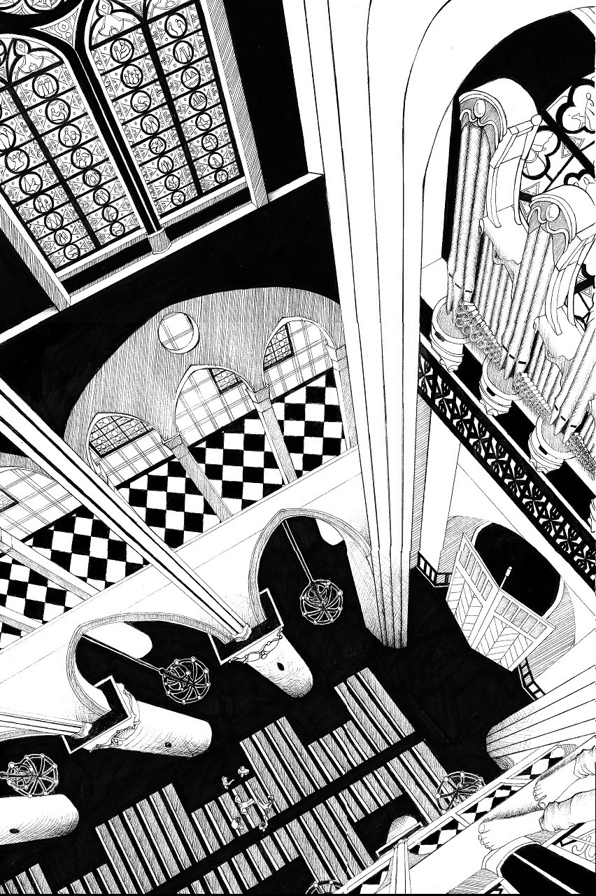 A traditional ink drawing of a cathedral from a bird’s eye perspective, with a dark black floor between distant pews, and detailed tile work throughout the visible upper floors. Some feet are visible, perched on an upper ledge. 