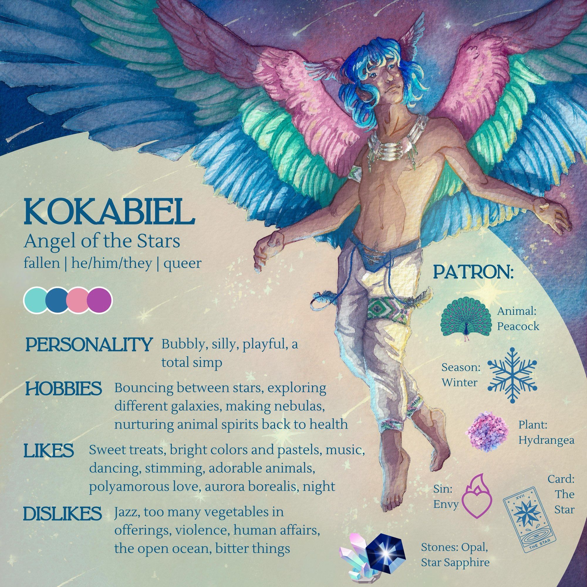 A character sheet of a light skinned, masculine angel with multicolored wings, head wings and long blue hair, floating on a nebula background. The character sheet details his name as Kokabiel, who is the angel of the stars. He is a queer person with a bubbly personality and silly star-based hobbies like jumping from star to star. He likes sweet treats and dislikes, violent human affairs and jazz.